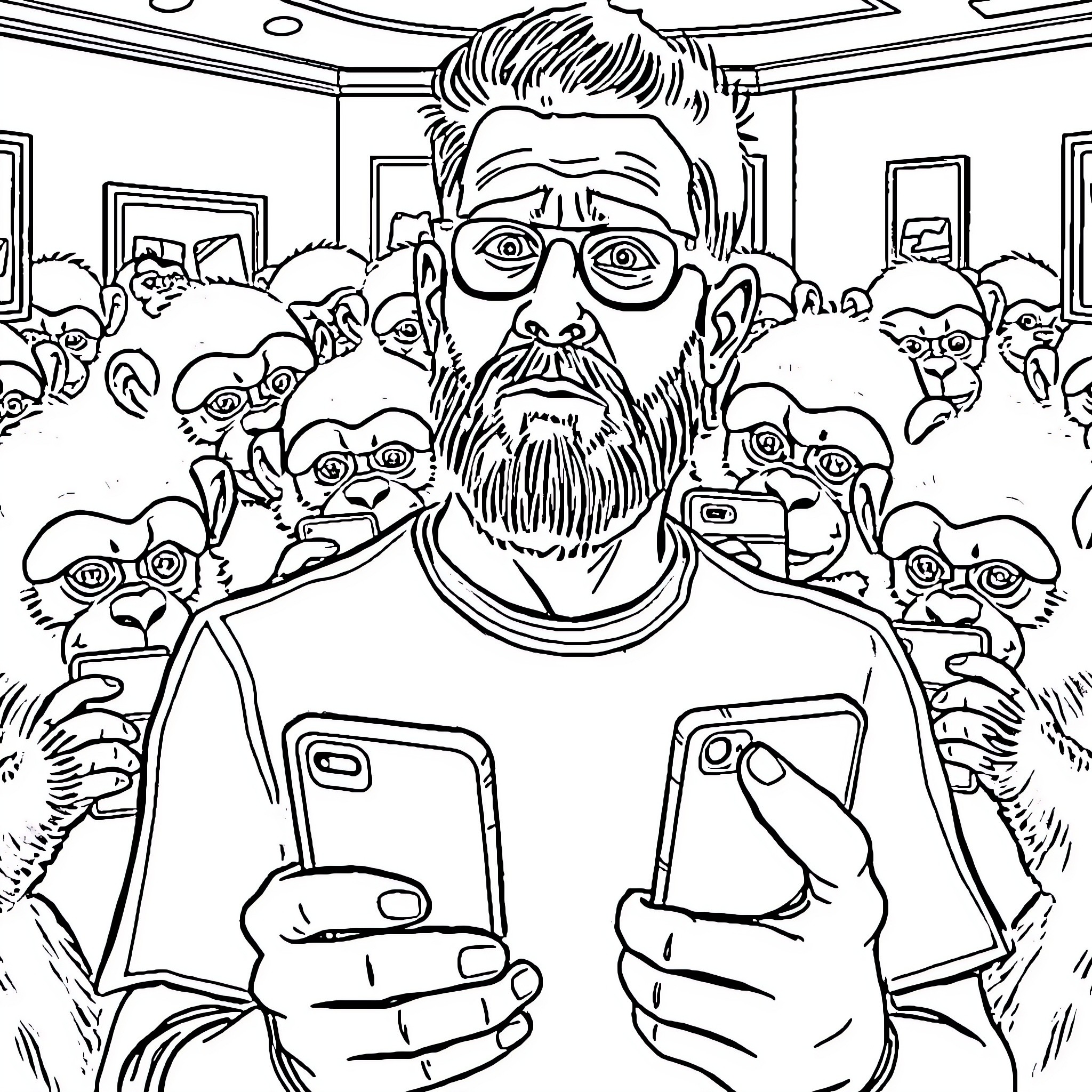 Monkey surrounded by cats taking selfies on smartphones Coloring Page (free black-and-white line drawing printable PDF for all, from beginners to advanced learners, including children, teens, adults, and seniors)
