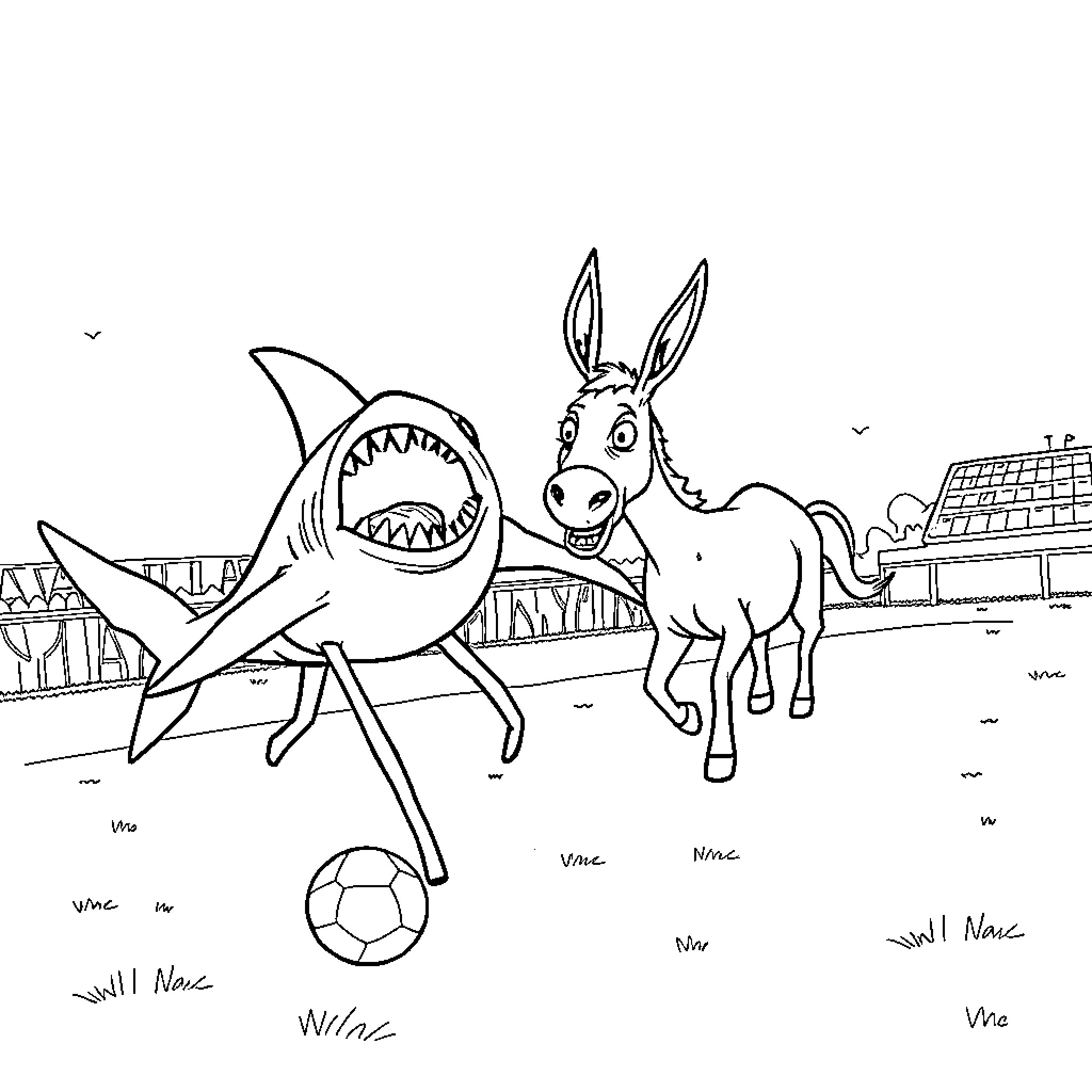 Shark and donkey playing soccer together Coloring Page (free black-and-white line drawing printable PDF for all, from beginners to advanced learners, including children, teens, adults, and seniors)