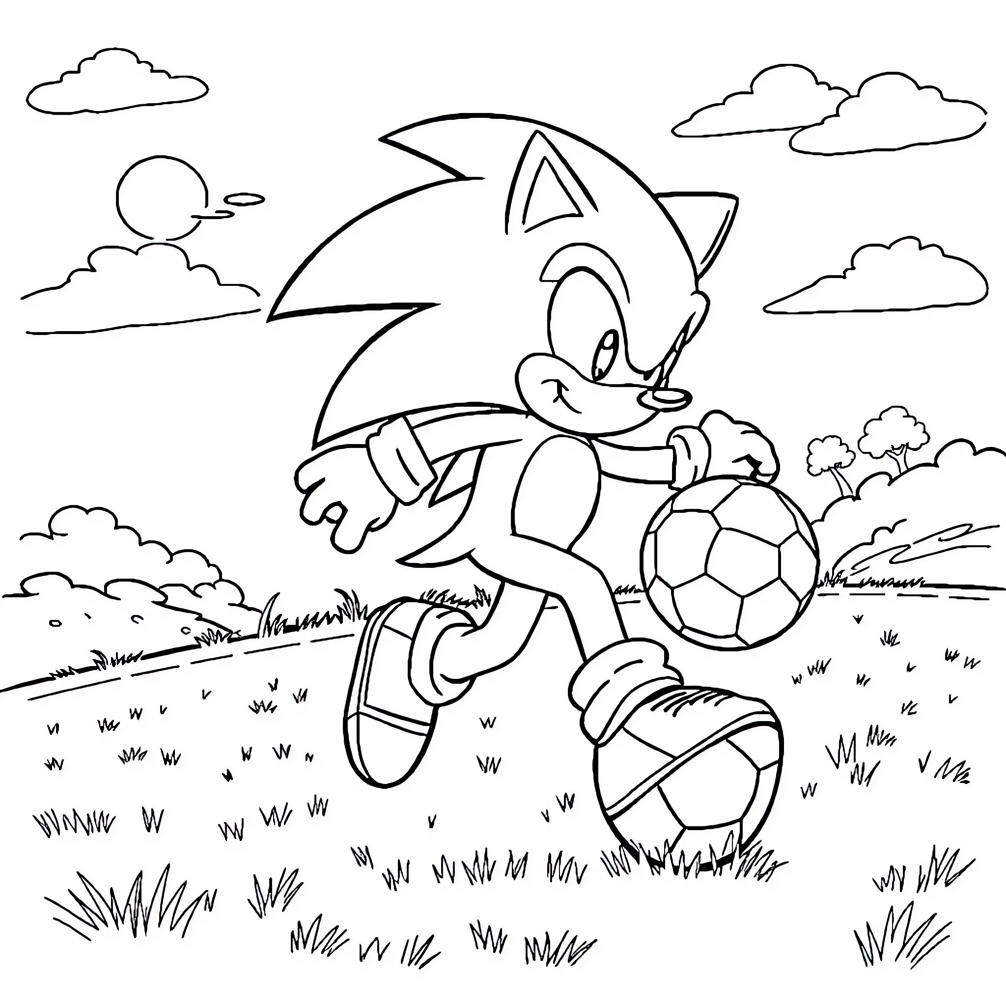 Sonic the Hedgehog kicking a soccer ball in the park Coloring Page (free black-and-white line drawing printable PDF for all, from beginners to advanced learners, including children, teens, adults, and seniors)