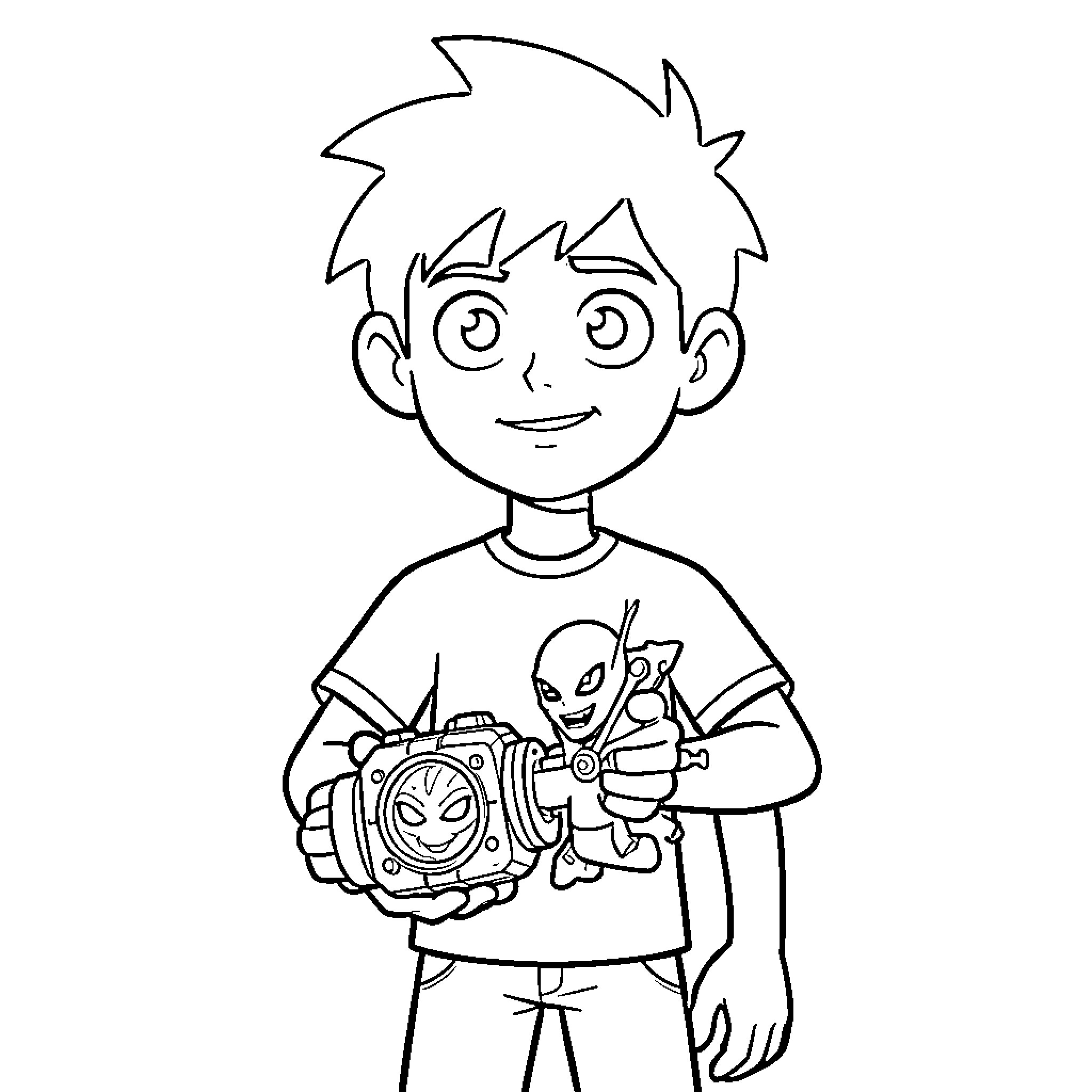 Ben Ten smiling while holding his gadgets Coloring Page (free black-and-white line drawing printable PDF for all, from beginners to advanced learners, including children, teens, adults, and seniors)