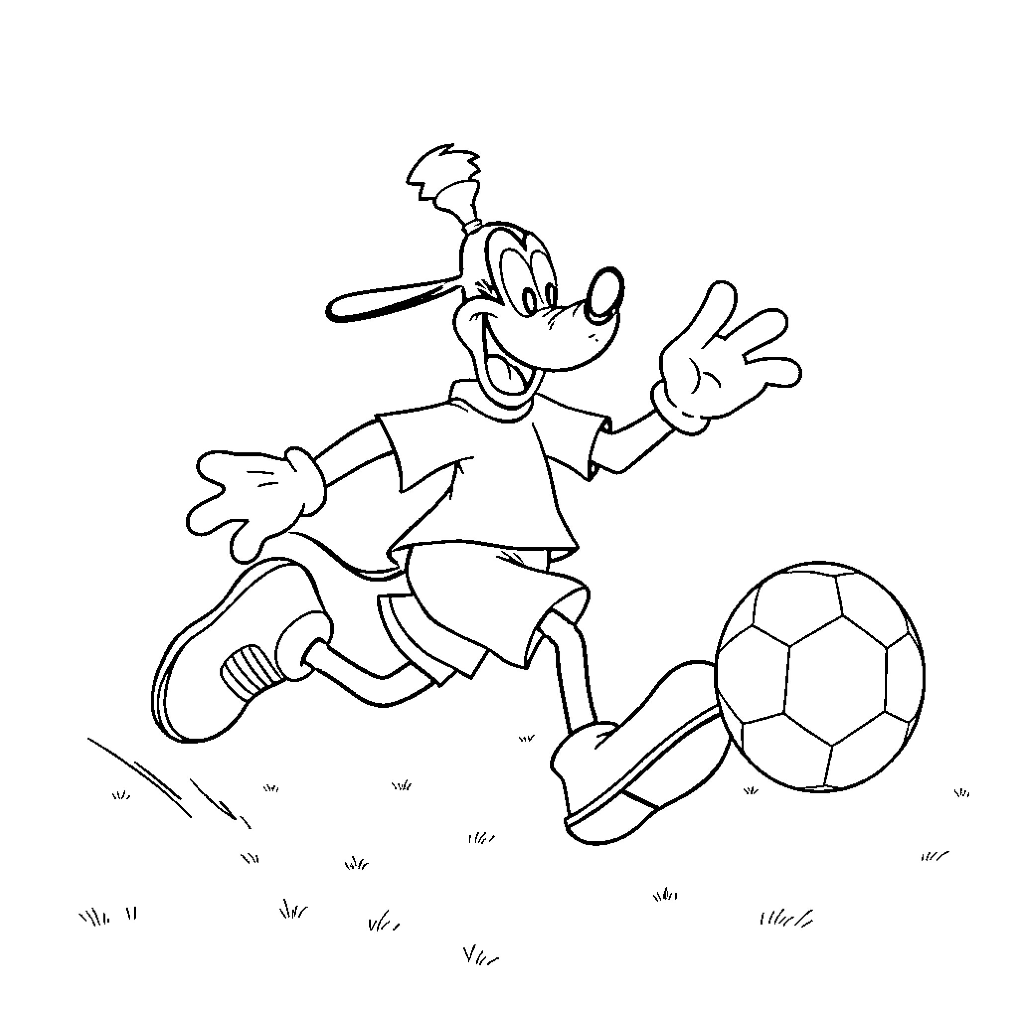 Goofy soccer player kicking ball joyfully Coloring Page (free black-and-white line drawing printable PDF for all, from beginners to advanced learners, including children, teens, adults, and seniors)