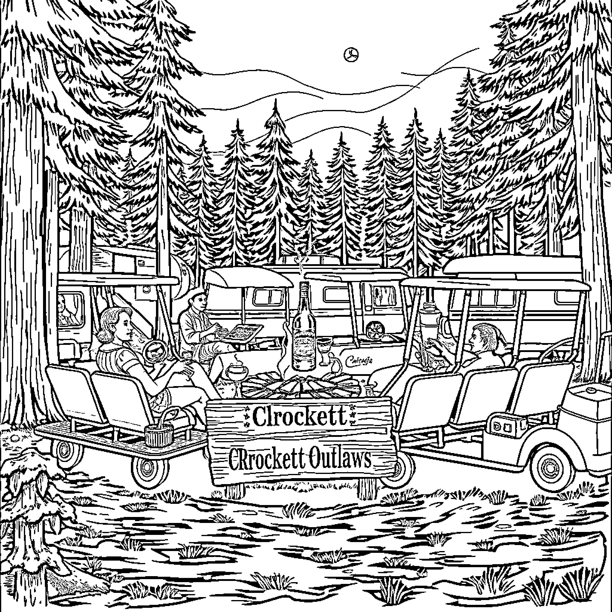 Campground adventure with Crockett Outlaws Coloring Page (free black-and-white line drawing printable PDF for all, from beginners to advanced learners, including children, teens, adults, and seniors)