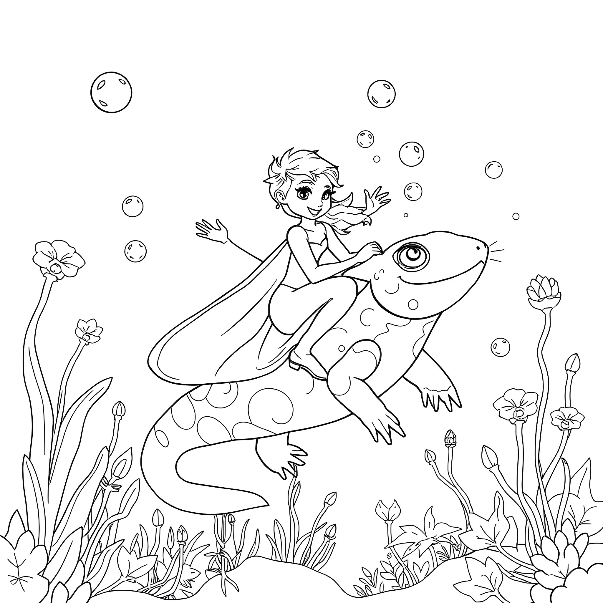 Elsa's Underwater Adventure with a Friendly Frog Coloring Page (free black-and-white line drawing printable PDF for all, from beginners to advanced learners, including children, teens, adults, and seniors)