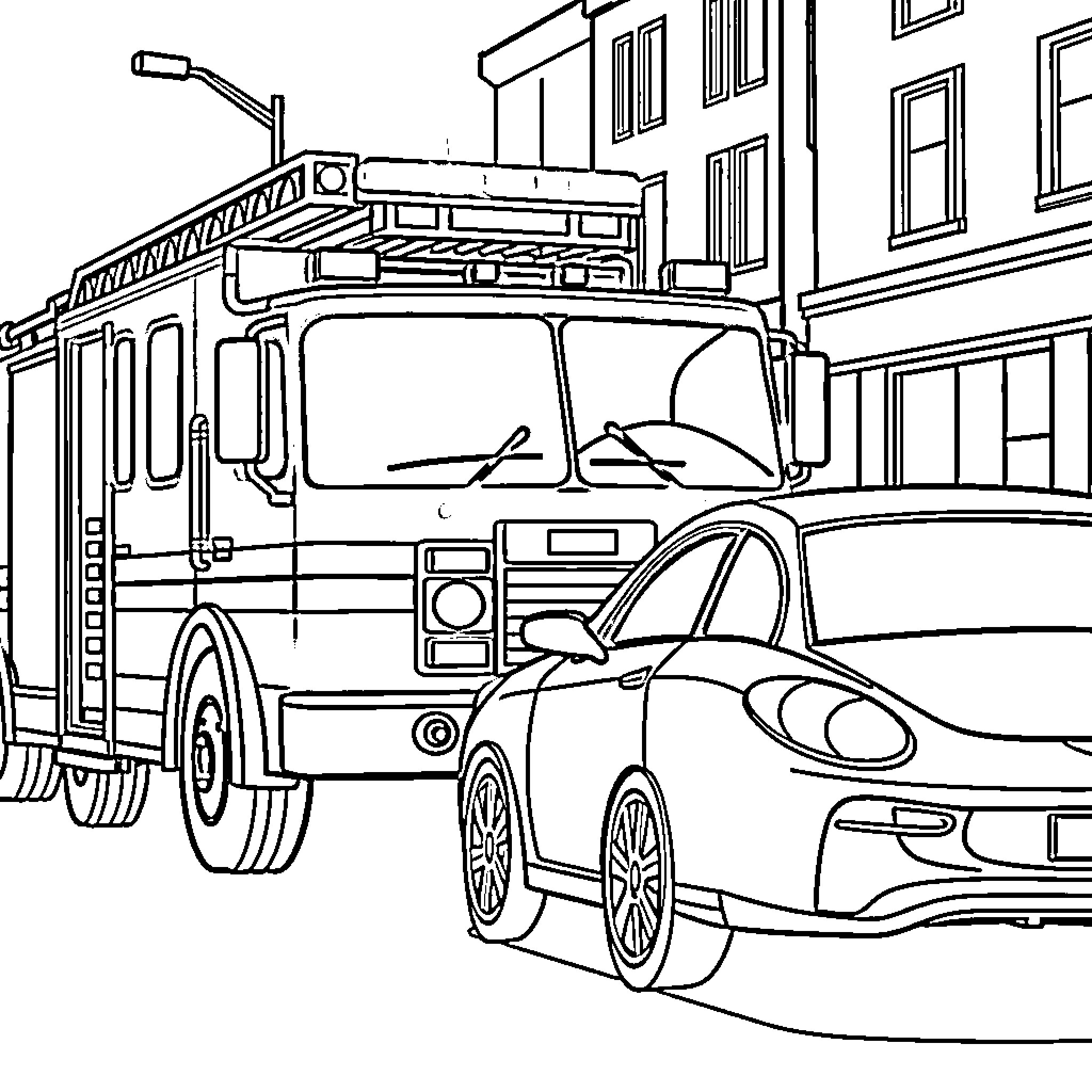 Car emergency response on city street Coloring Page (free black-and-white line drawing printable PDF for all, from beginners to advanced learners, including children, teens, adults, and seniors)