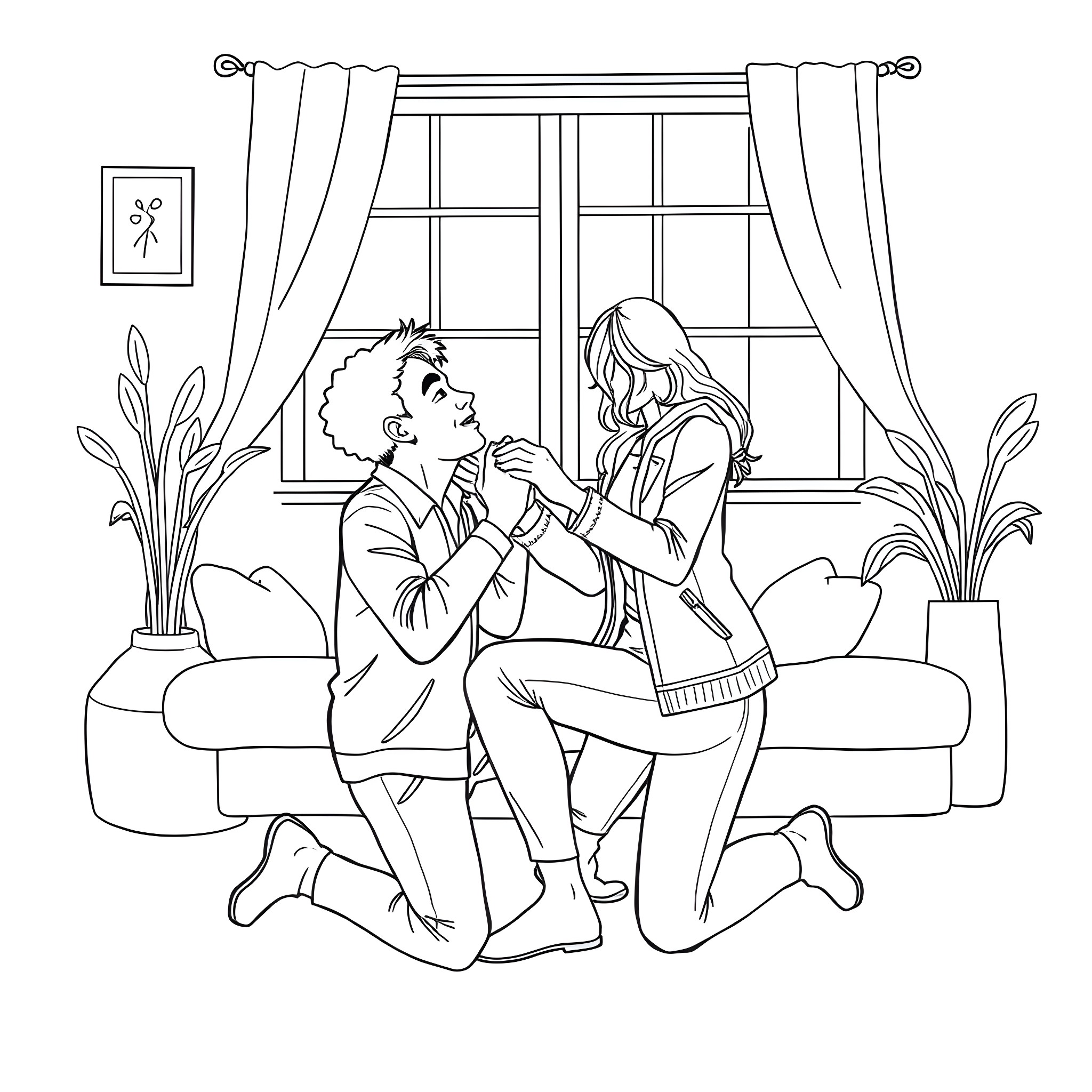 Man and woman having tender moment in living room Coloring Page (free black-and-white line drawing printable PDF for all, from beginners to advanced learners, including children, teens, adults, and seniors)