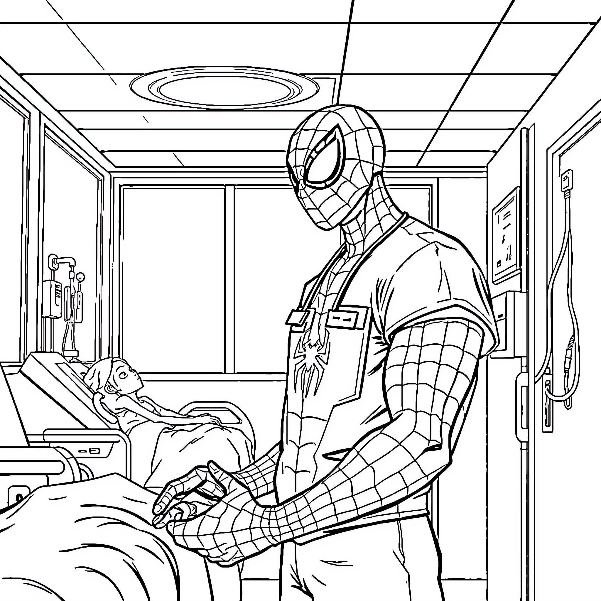 Spiderman visiting a patient in the hospital Coloring Page (free black-and-white line drawing printable PDF for all, from beginners to advanced learners, including children, teens, adults, and seniors)