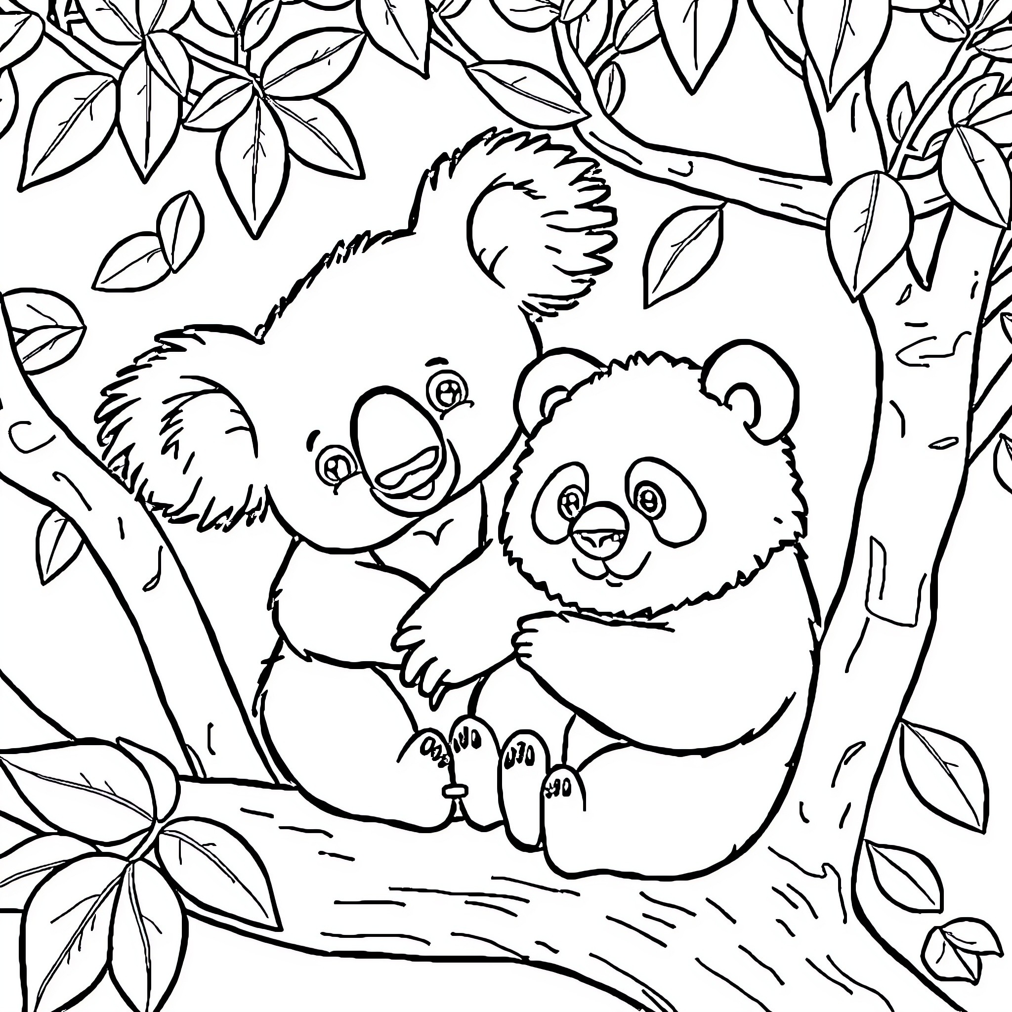 Koala Buddies Enjoying the Jungle Coloring Page (free black-and-white line drawing printable PDF for all, from beginners to advanced learners, including children, teens, adults, and seniors)