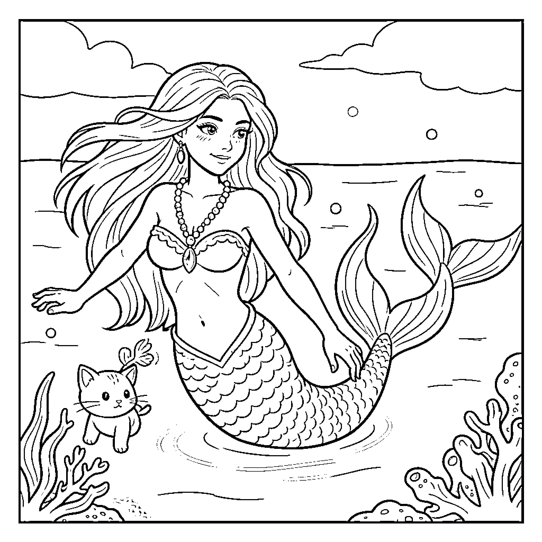 Mermaid with a curious cat enjoying the sea Coloring Page (free black-and-white line drawing printable PDF for all, from beginners to advanced learners, including children, teens, adults, and seniors)