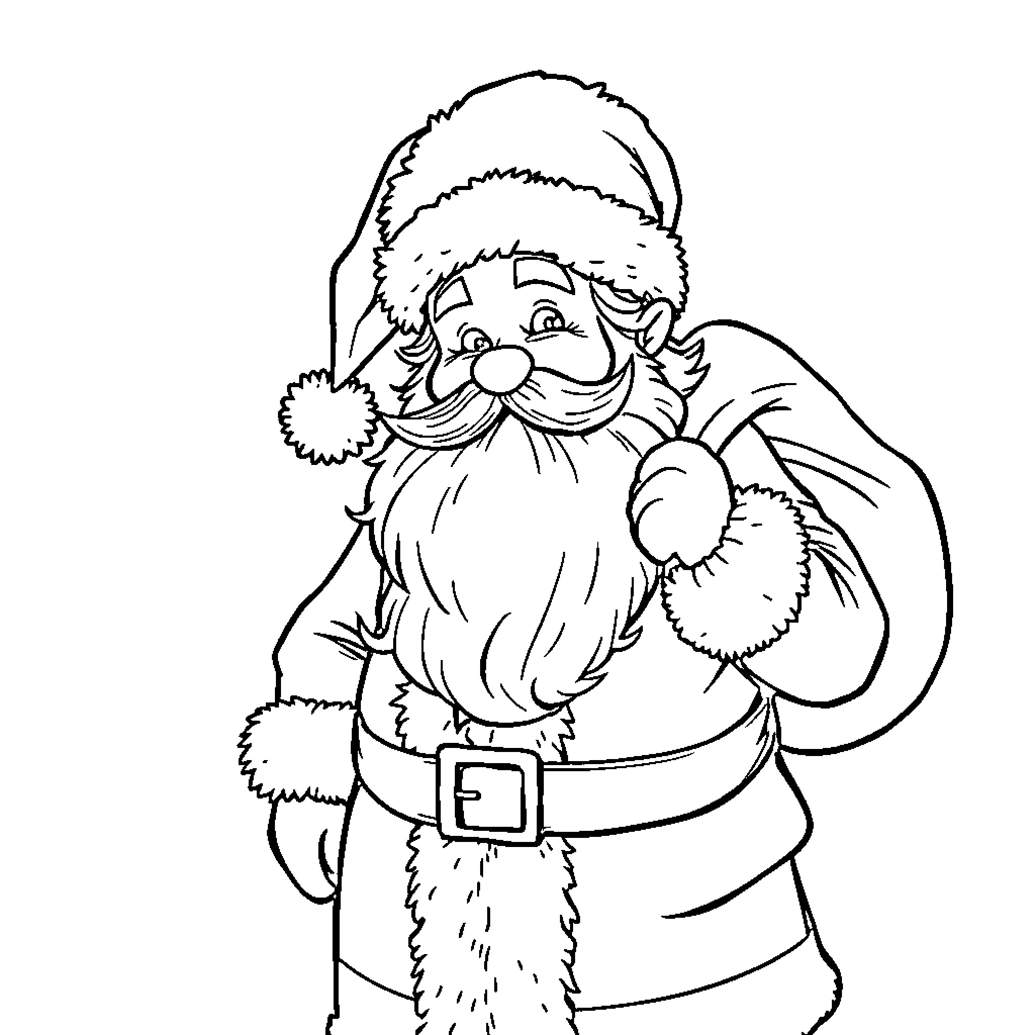 Santa waving with a sack of presents Coloring Page (free black-and-white line drawing printable PDF for all, from beginners to advanced learners, including children, teens, adults, and seniors)