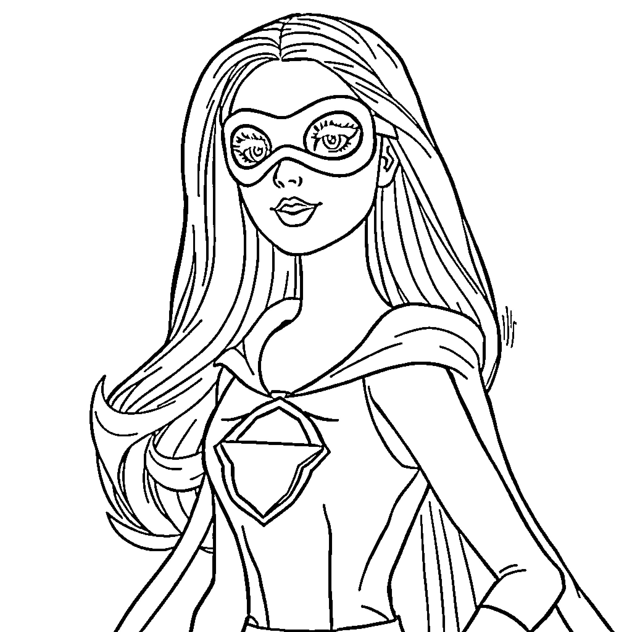 Barbie in superhero costume with mask Coloring Page (free black-and-white line drawing printable PDF for all, from beginners to advanced learners, including children, teens, adults, and seniors)