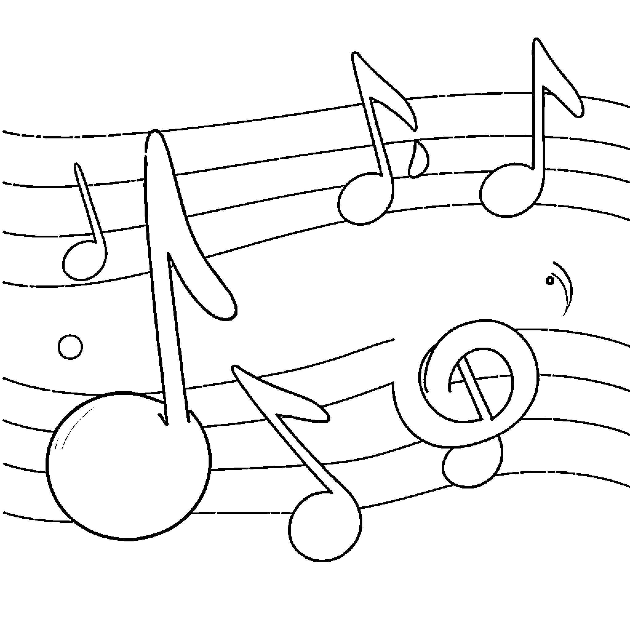 Music Notes Dancing on the Page Coloring Page (free black-and-white line drawing printable PDF for all, from beginners to advanced learners, including children, teens, adults, and seniors)