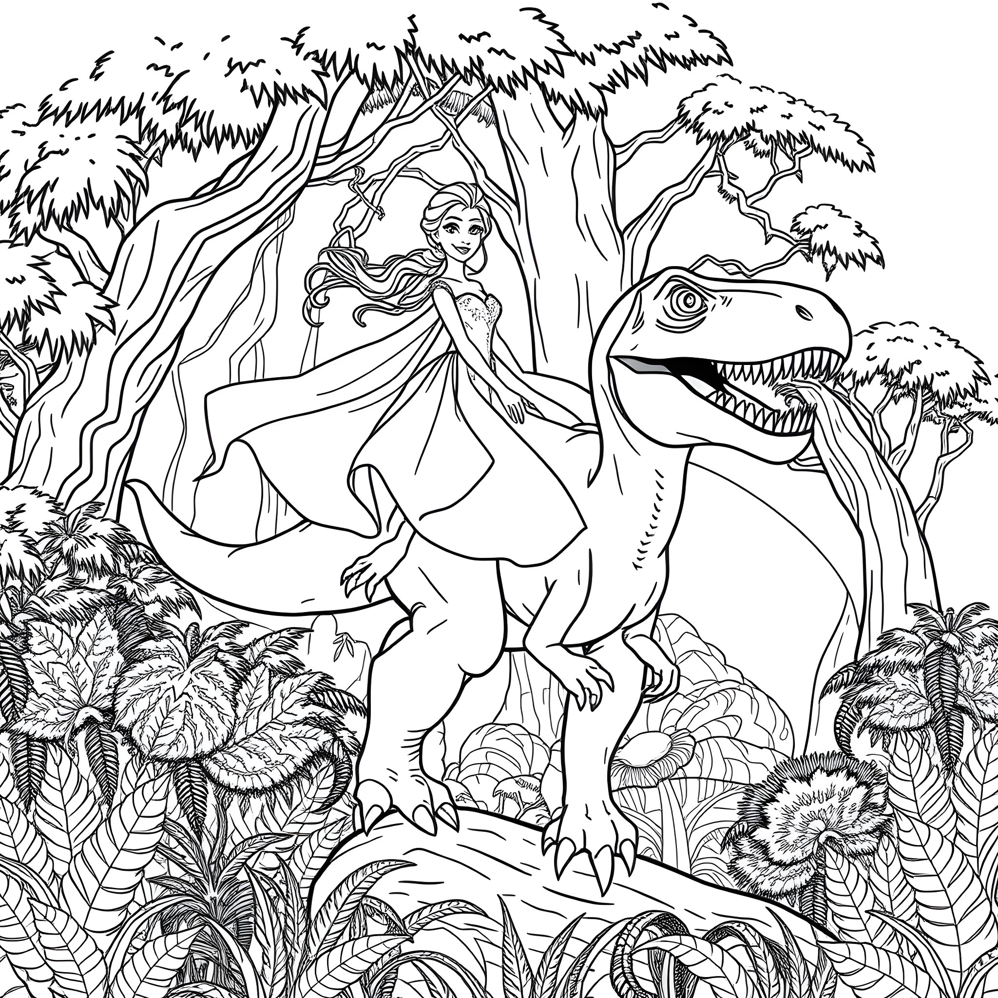 Elsa Riding a Dinosaur in a Magical Forest Coloring Page (free black-and-white line drawing printable PDF for all, from beginners to advanced learners, including children, teens, adults, and seniors)