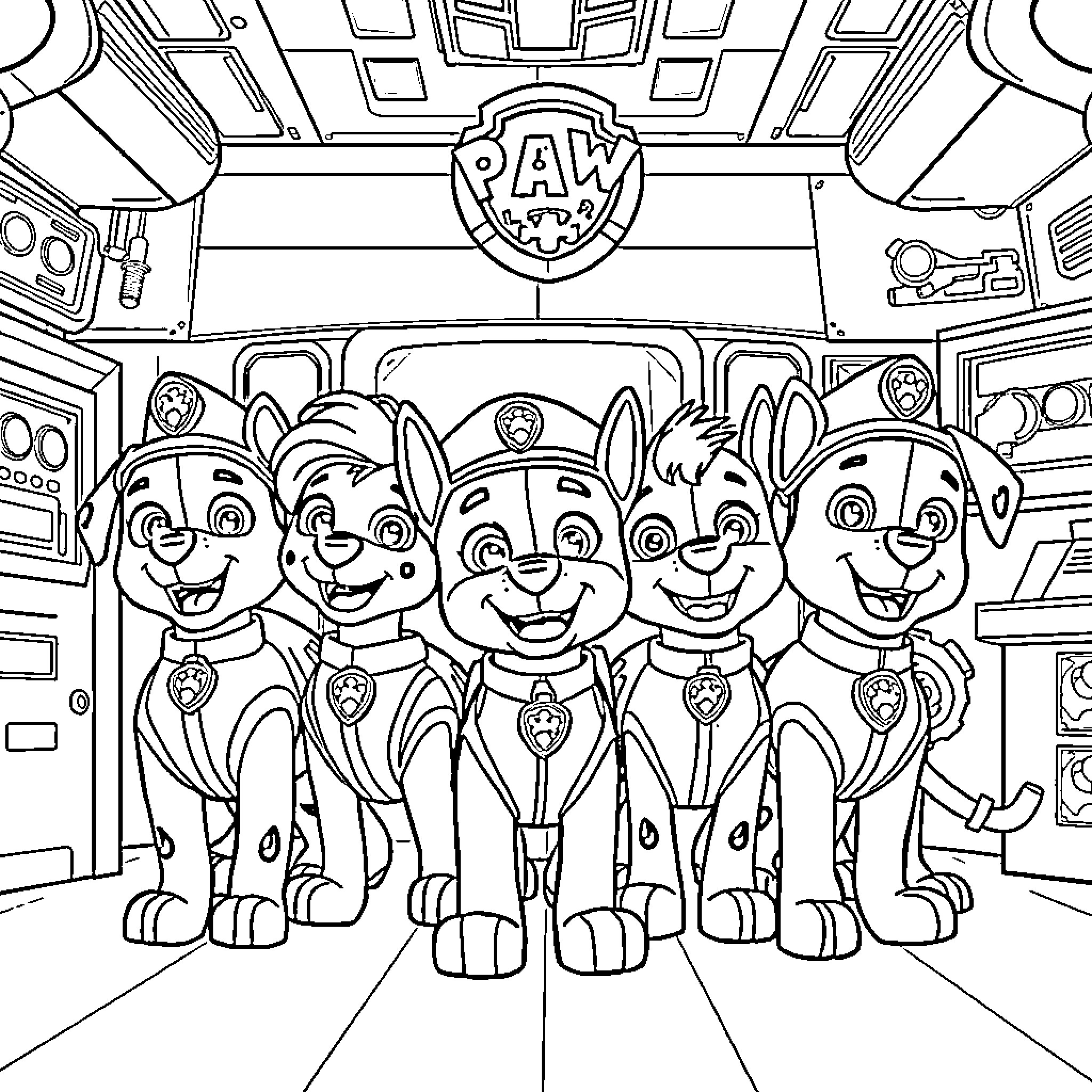 Paw Patrol characters on patrol in their vehicle Coloring Page (free black-and-white line drawing printable PDF for all, from beginners to advanced learners, including children, teens, adults, and seniors)