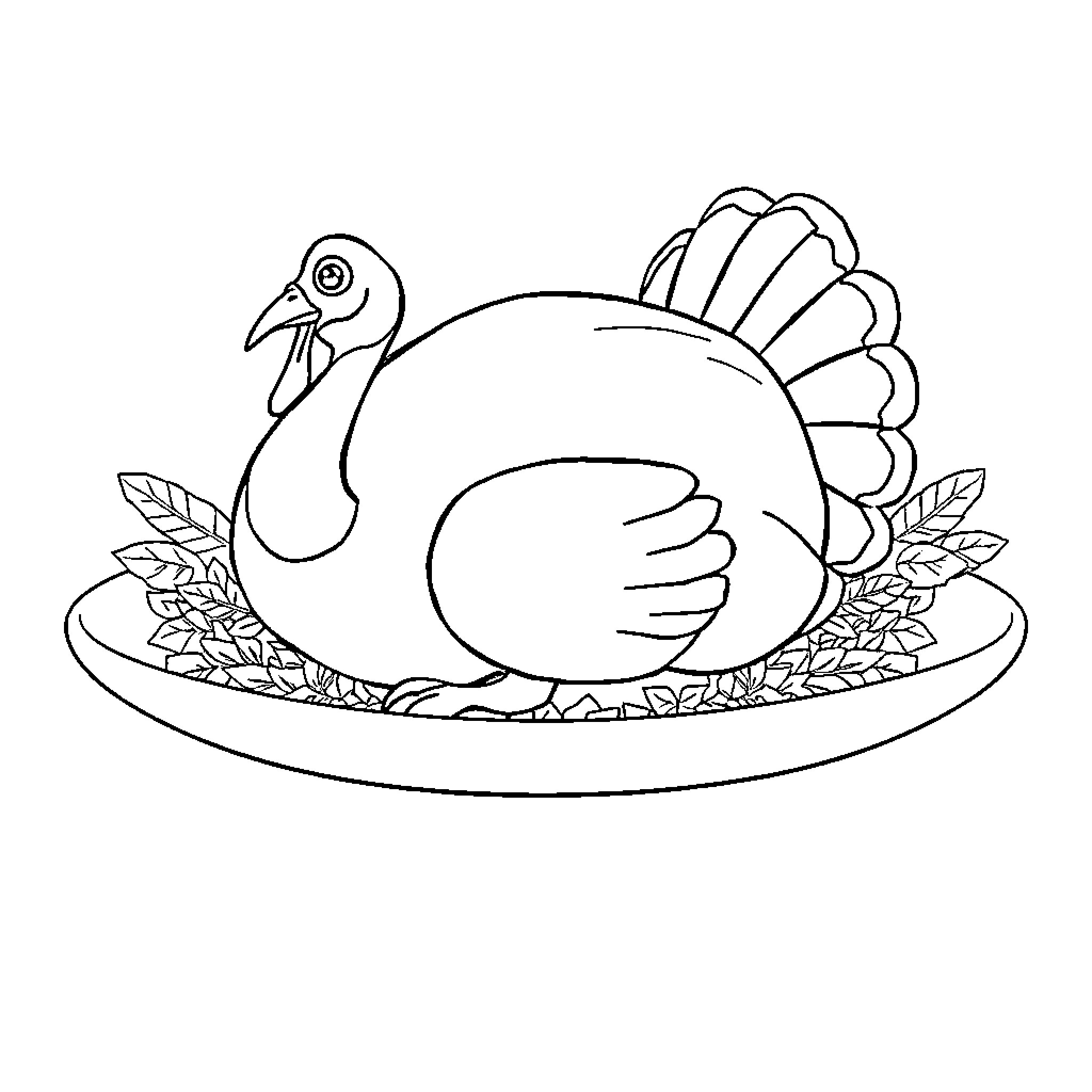 Turkey Resting on a Platter with Leaves Coloring Page (free black-and-white line drawing printable PDF for all, from beginners to advanced learners, including children, teens, adults, and seniors)
