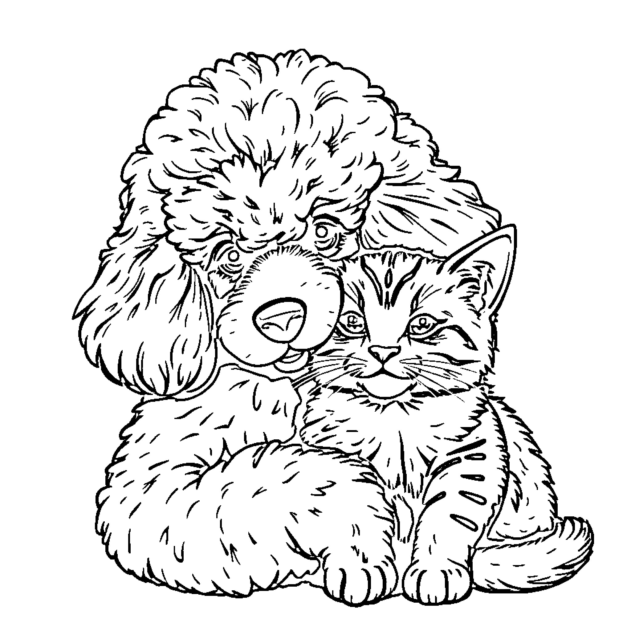 Poodle cuddling with kitten Coloring Page (free black-and-white line drawing printable PDF for all, from beginners to advanced learners, including children, teens, adults, and seniors)