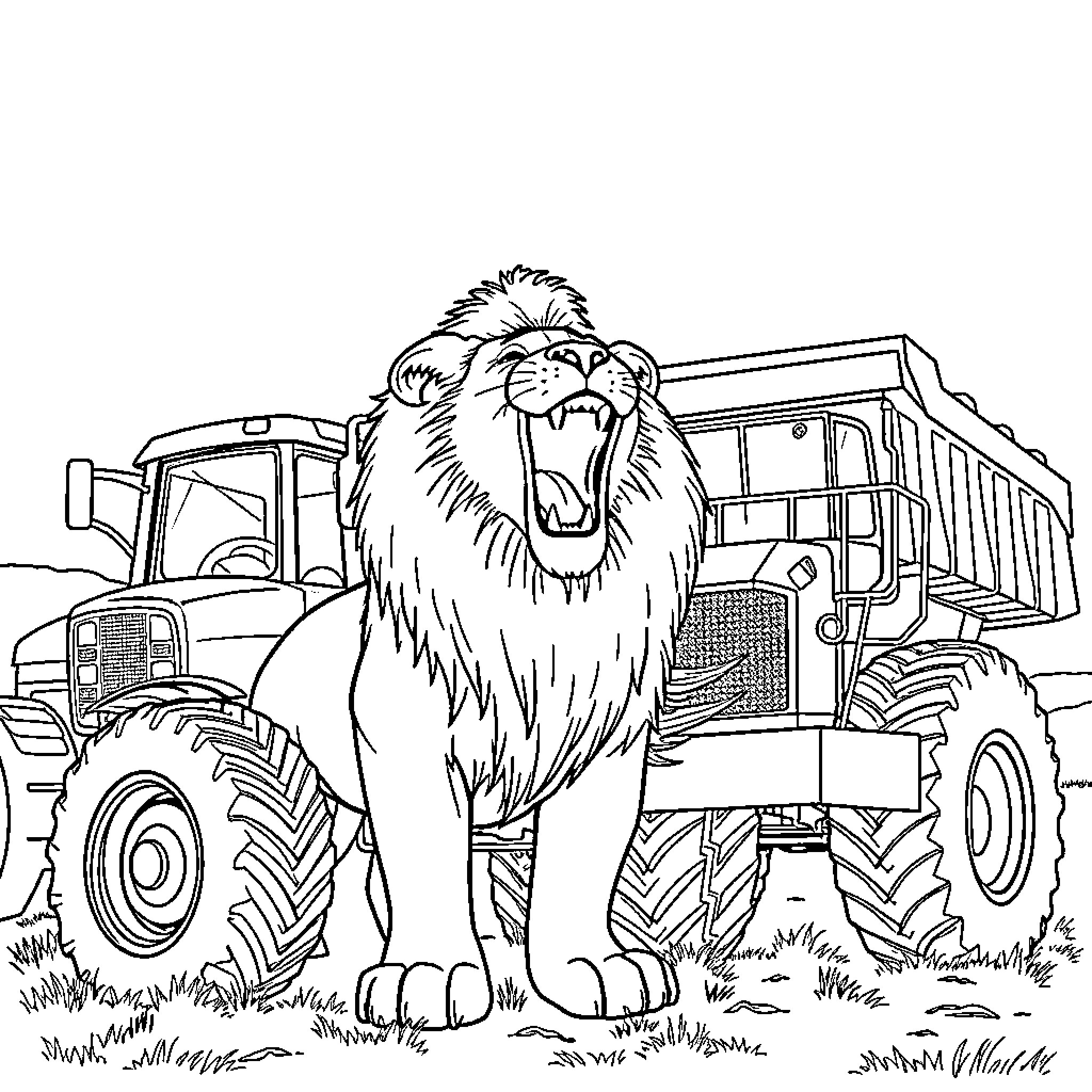 Lion roaring near a large truck in a field Coloring Page (free black-and-white line drawing printable PDF for all, from beginners to advanced learners, including children, teens, adults, and seniors)