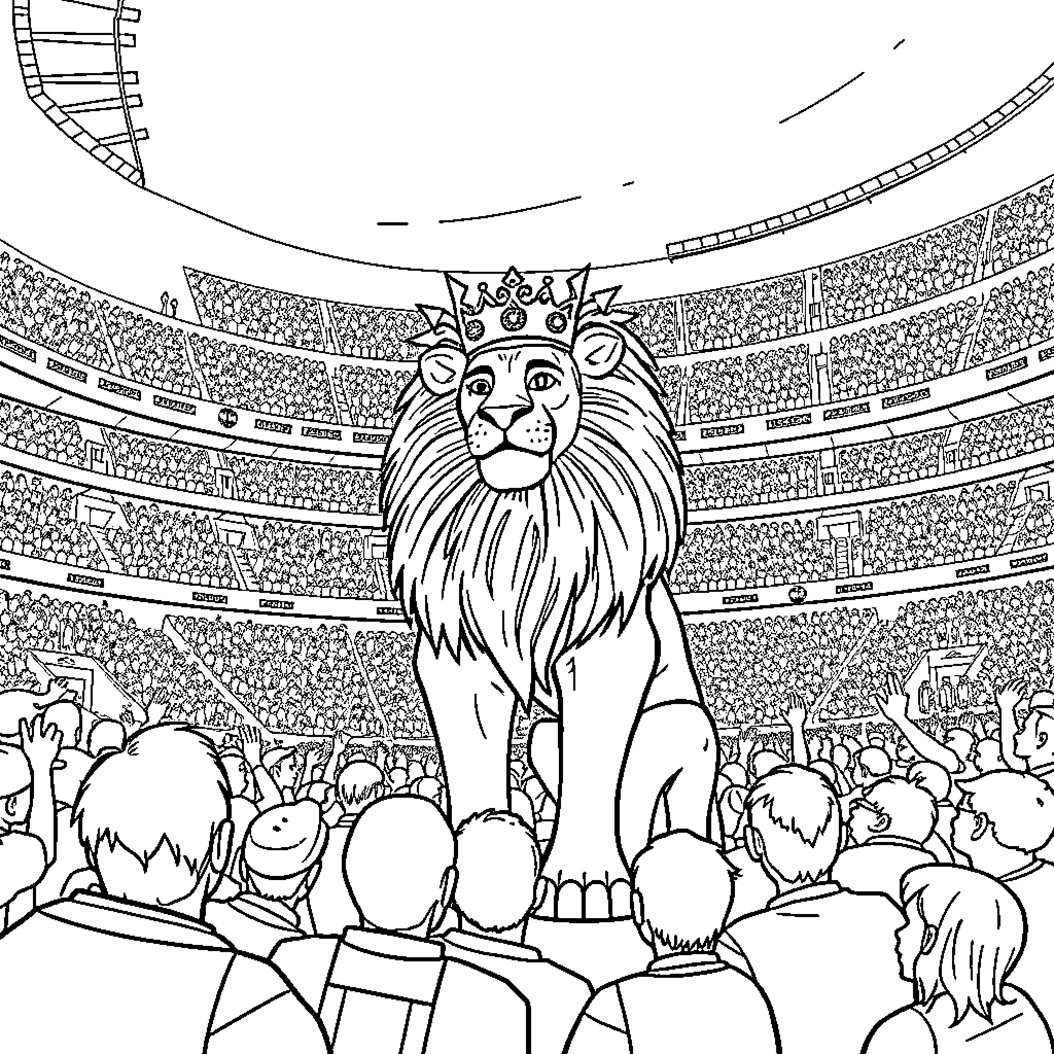Lion king presiding over a grand stadium Coloring Page (free black-and-white line drawing printable PDF for all, from beginners to advanced learners, including children, teens, adults, and seniors)