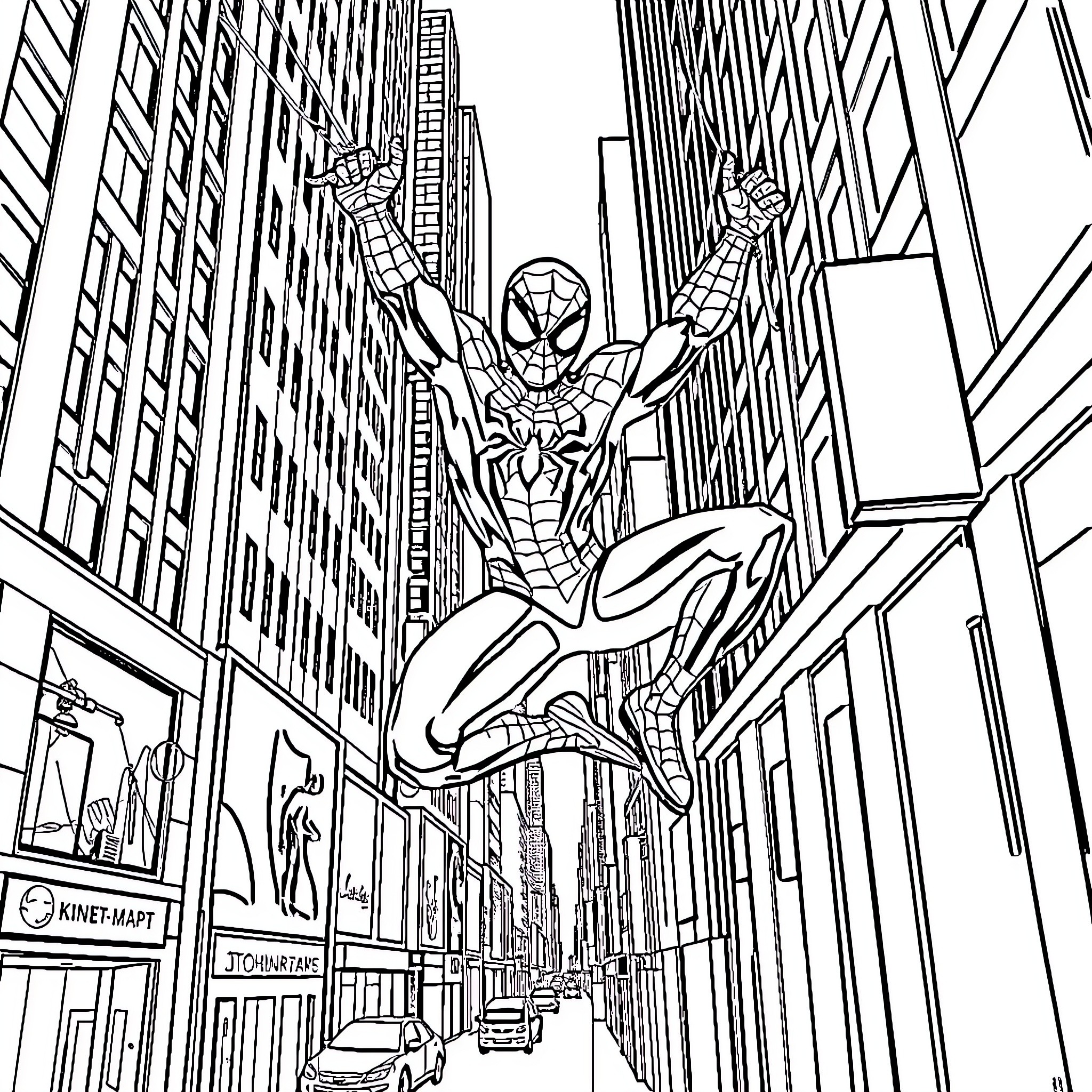 Spiderman swinging through the city skyline Coloring Page (free black-and-white line drawing printable PDF for all, from beginners to advanced learners, including children, teens, adults, and seniors)