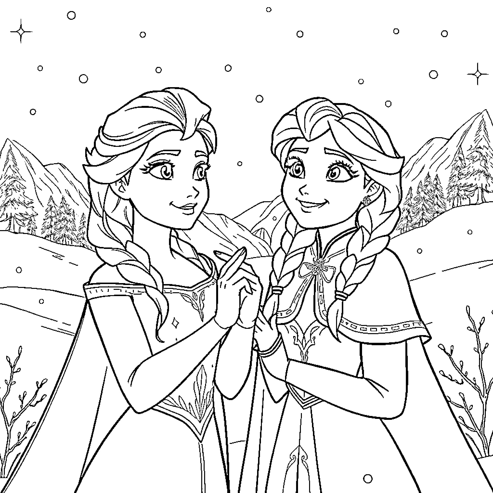 Elsa and Anna in a Winter Wonderland Coloring Page (free black-and-white line drawing printable PDF for all, from beginners to advanced learners, including children, teens, adults, and seniors)
