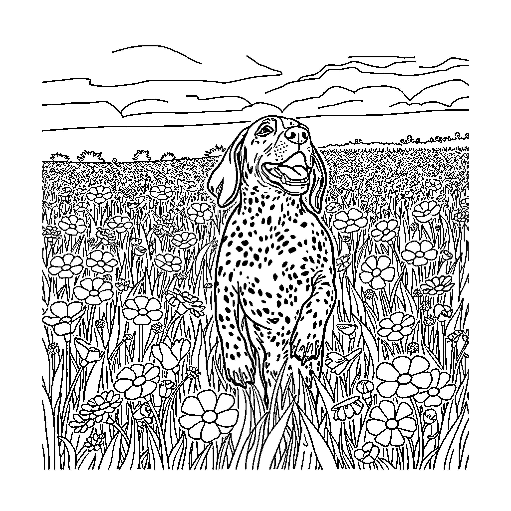 German Shorthair Pointer enjoying a field of flowers Coloring Page (free black-and-white line drawing printable PDF for all, from beginners to advanced learners, including children, teens, adults, and seniors)