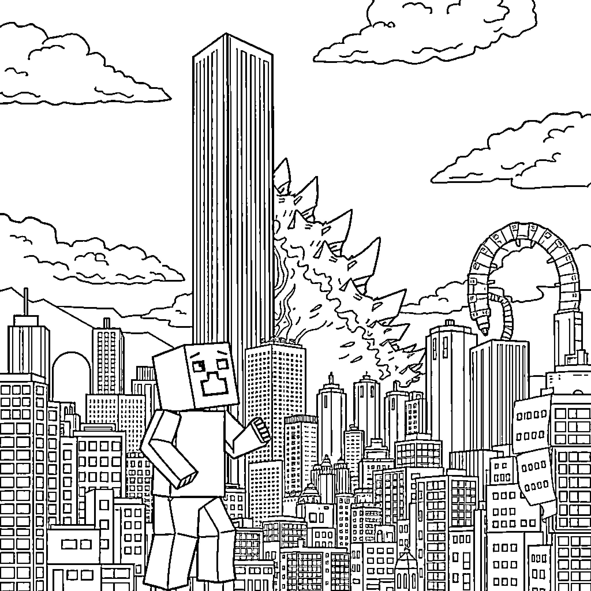 Godzilla stomping through the city skyline Coloring Page (free black-and-white line drawing printable PDF for all, from beginners to advanced learners, including children, teens, adults, and seniors)