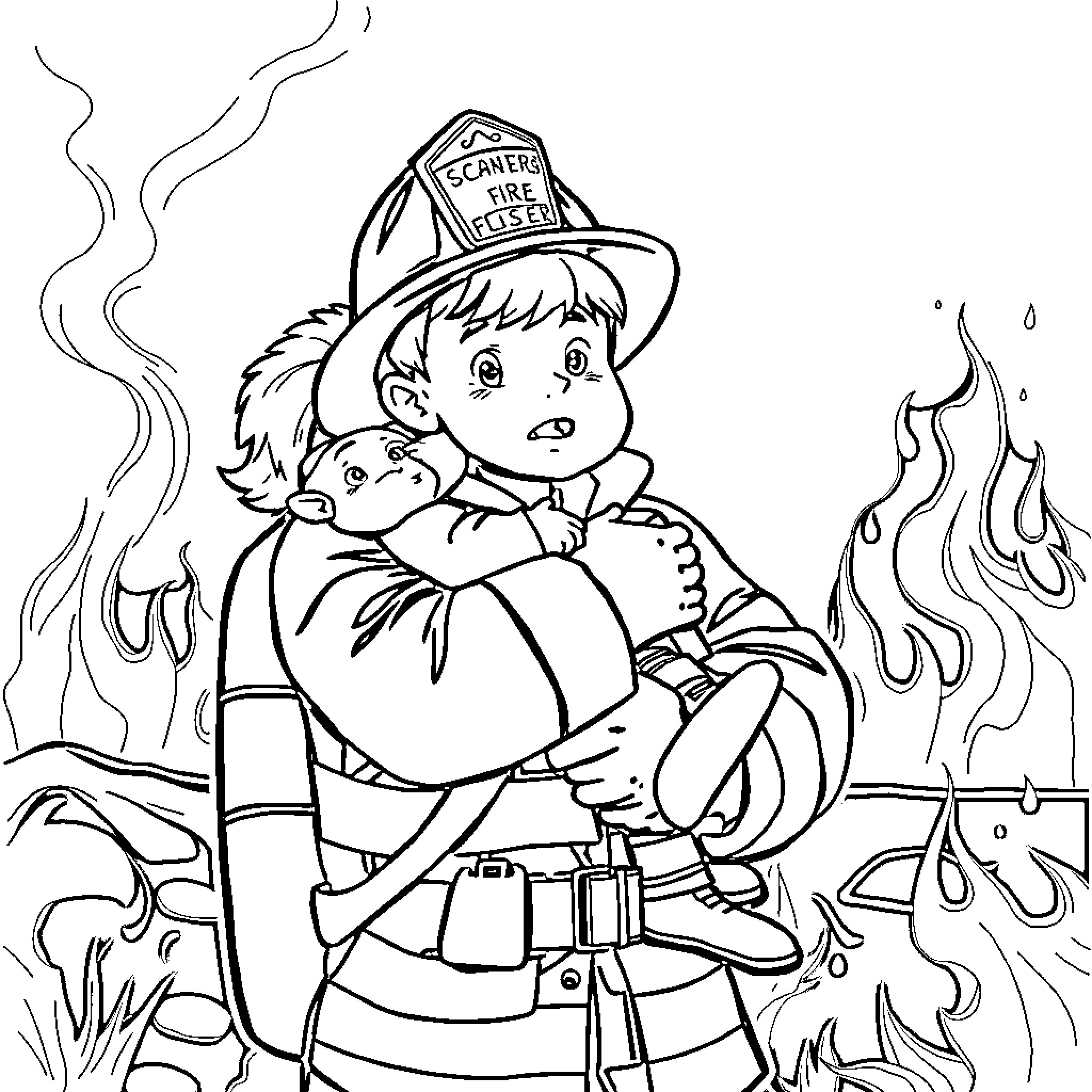 Firefighter rescuing a child from a burning scene Coloring Page (free black-and-white line drawing printable PDF for all, from beginners to advanced learners, including children, teens, adults, and seniors)