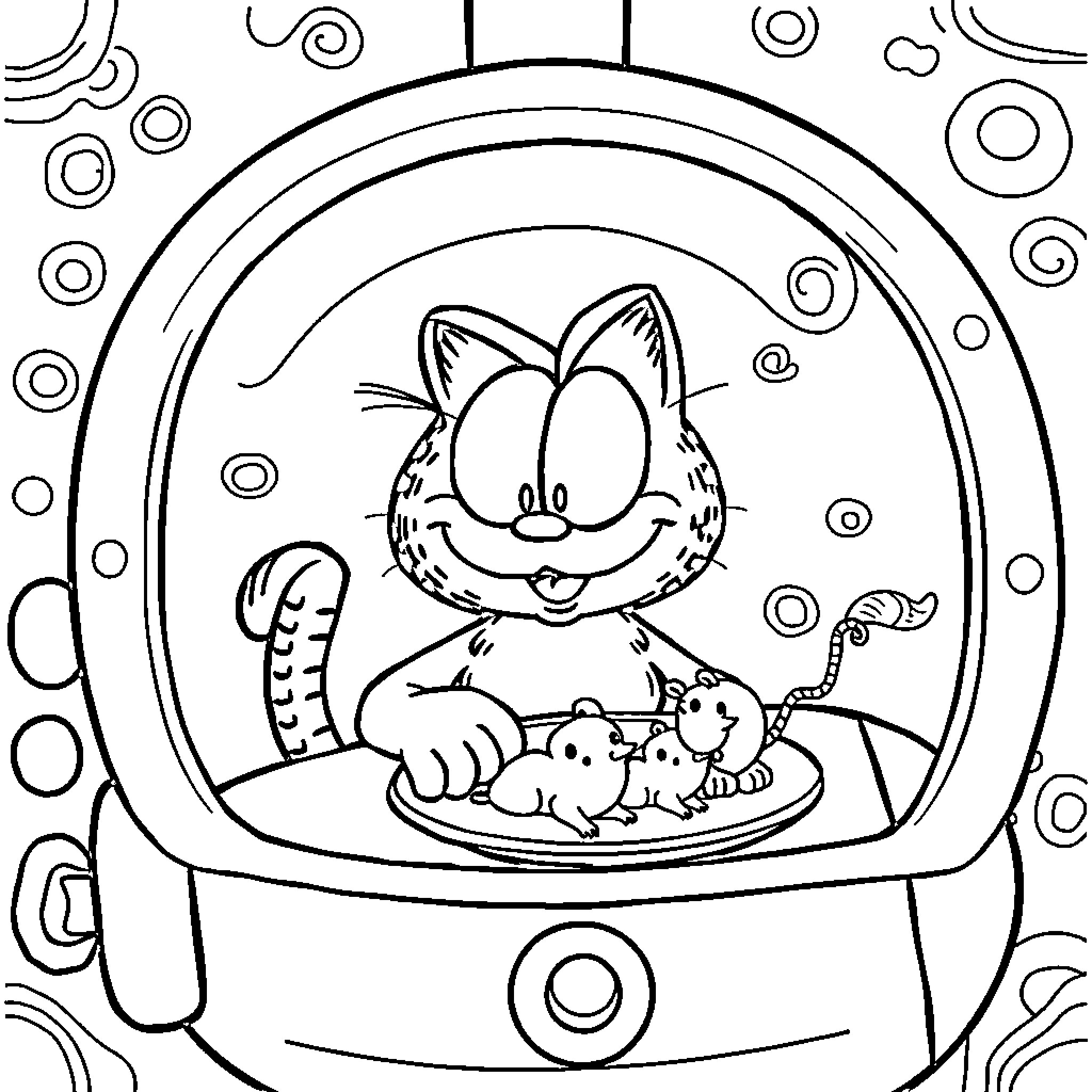 Garfield's Spaceship Adventure Coloring Page (free black-and-white line drawing printable PDF for all, from beginners to advanced learners, including children, teens, adults, and seniors)