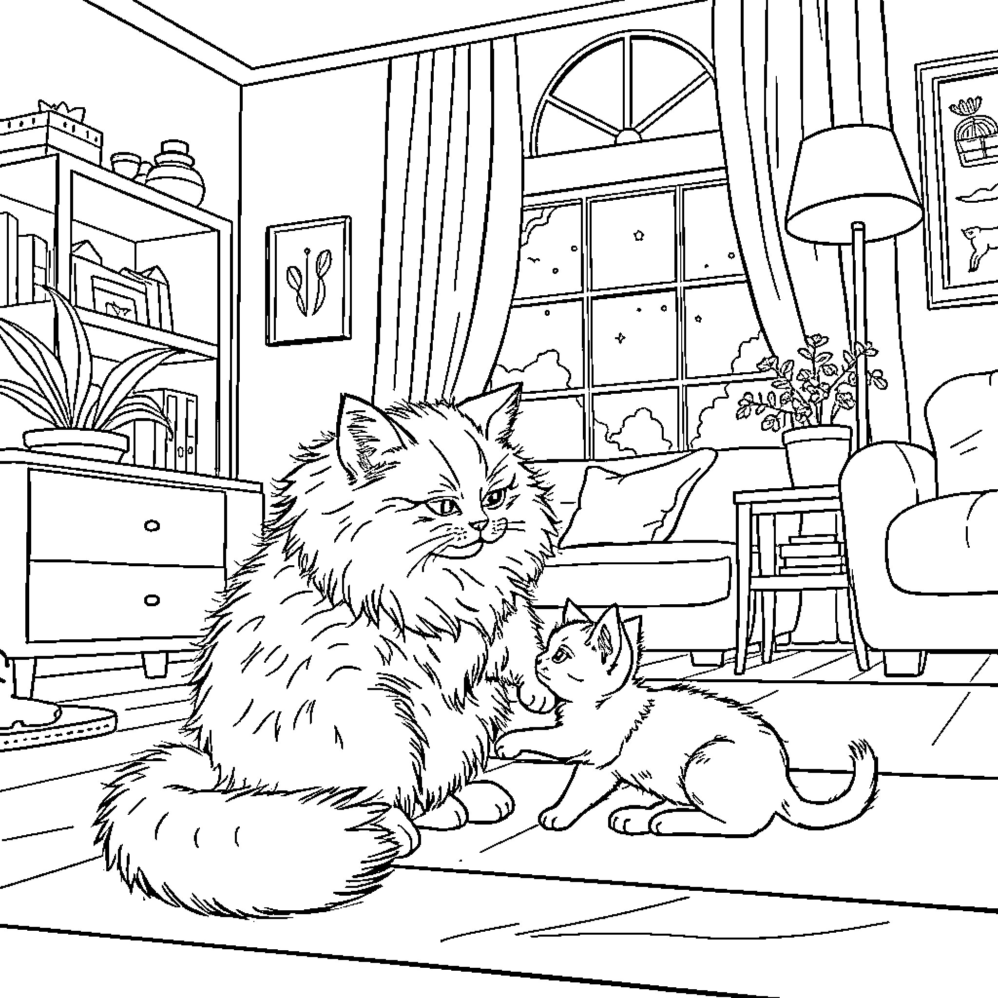 Cat in cozy indoor setting with kitten Coloring Page (free black-and-white line drawing printable PDF for all, from beginners to advanced learners, including children, teens, adults, and seniors)