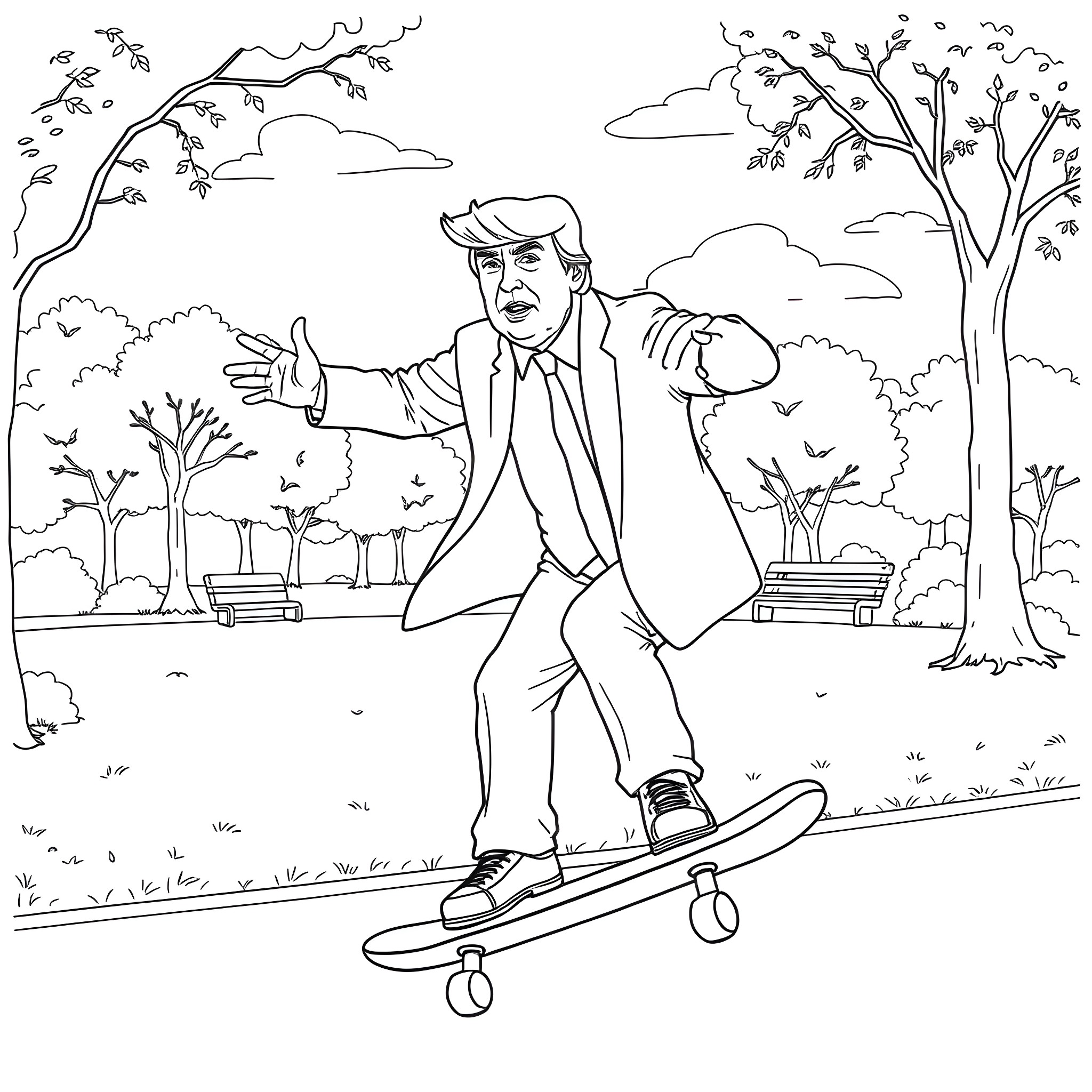 Donald Trump skateboarding in a park Coloring Page (free black-and-white line drawing printable PDF for all, from beginners to advanced learners, including children, teens, adults, and seniors)