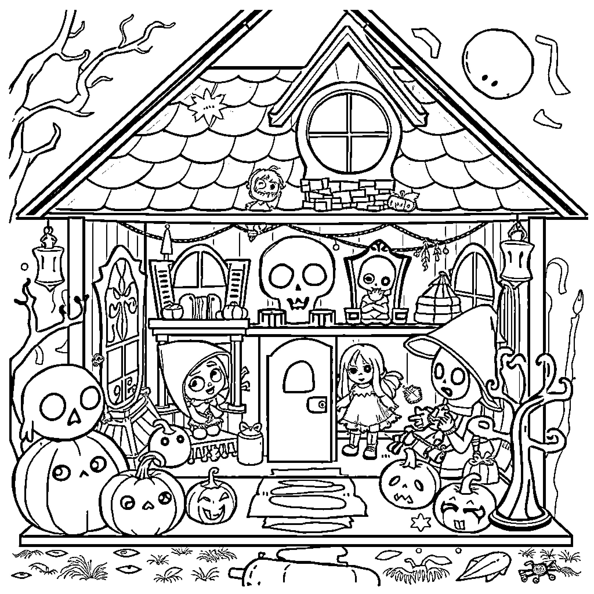 Dollhouse filled with spooky Halloween decorations and characters Coloring Page (free black-and-white line drawing printable PDF for all, from beginners to advanced learners, including children, teens, adults, and seniors)