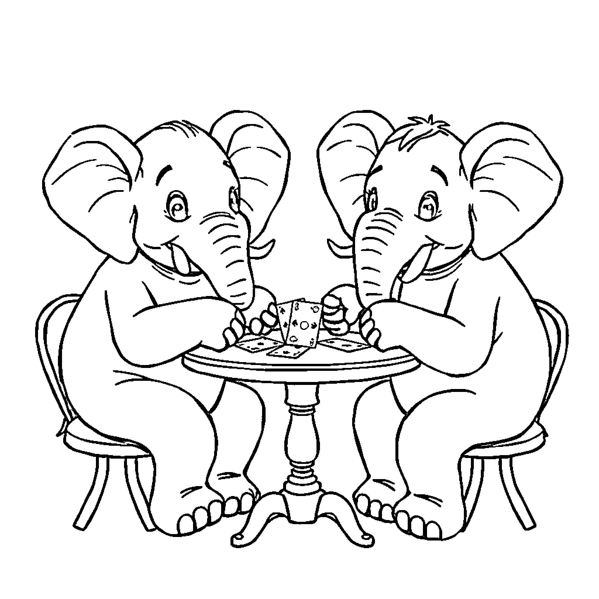 Elephant friends enjoying a game together Coloring Page (free black-and-white line drawing printable PDF for all, from beginners to advanced learners, including children, teens, adults, and seniors)