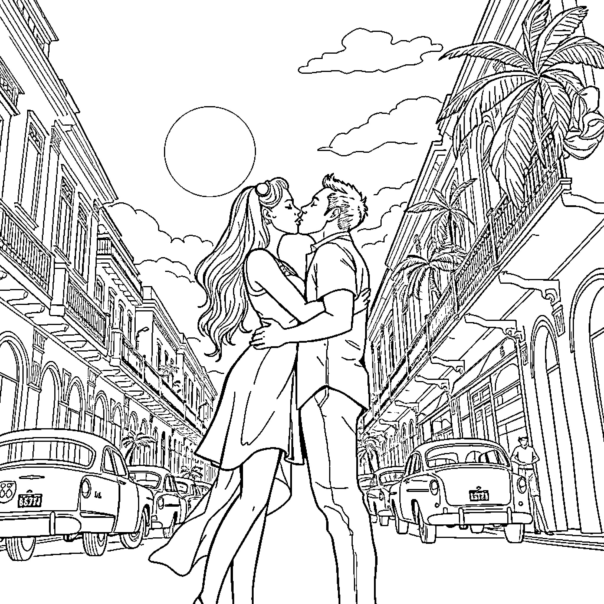 Woman and man embracing under moonlight on city street Coloring Page (free black-and-white line drawing printable PDF for all, from beginners to advanced learners, including children, teens, adults, and seniors)