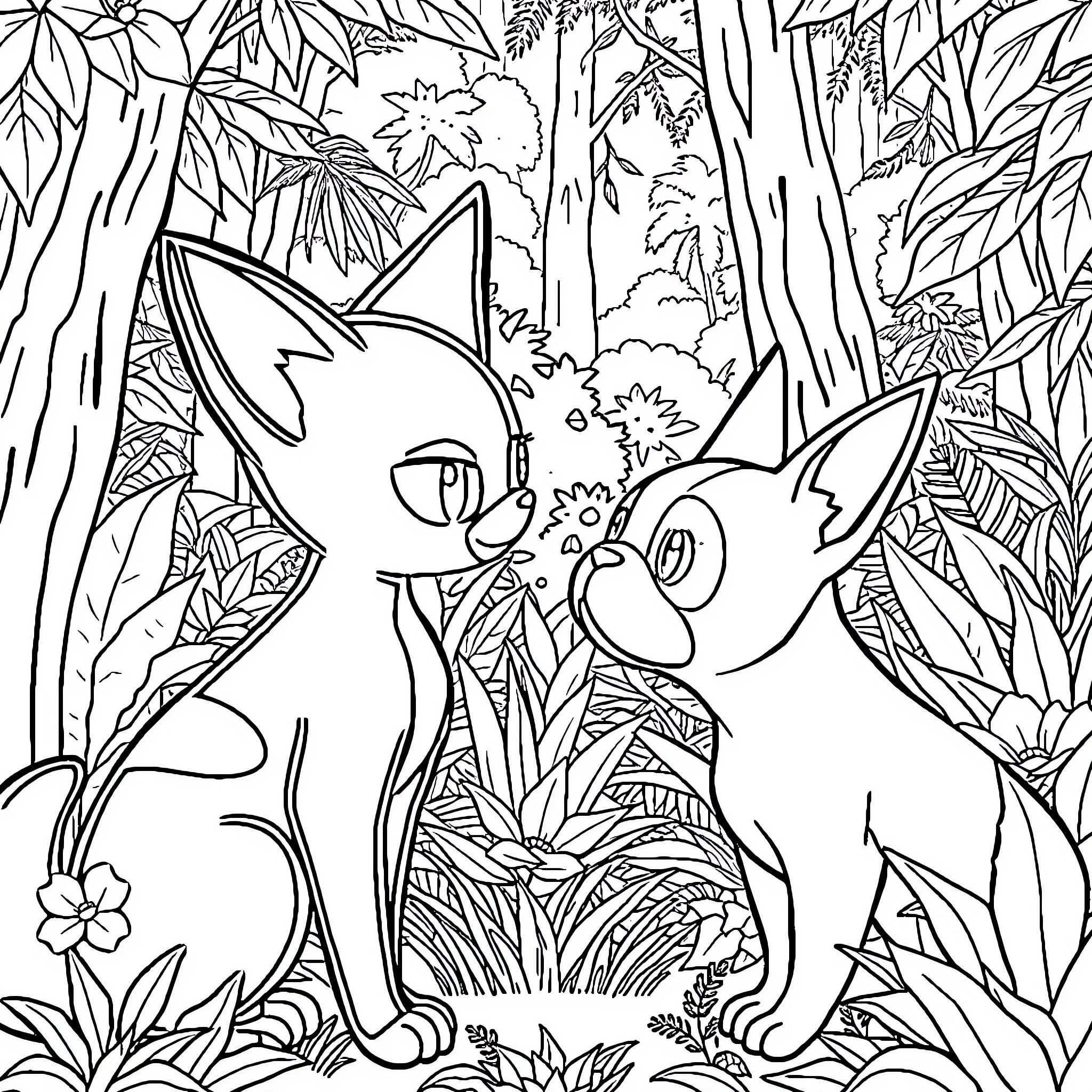 Meowscarada: Feline Friends in a Lush Jungle Coloring Page (free black-and-white line drawing printable PDF for all, from beginners to advanced learners, including children, teens, adults, and seniors)