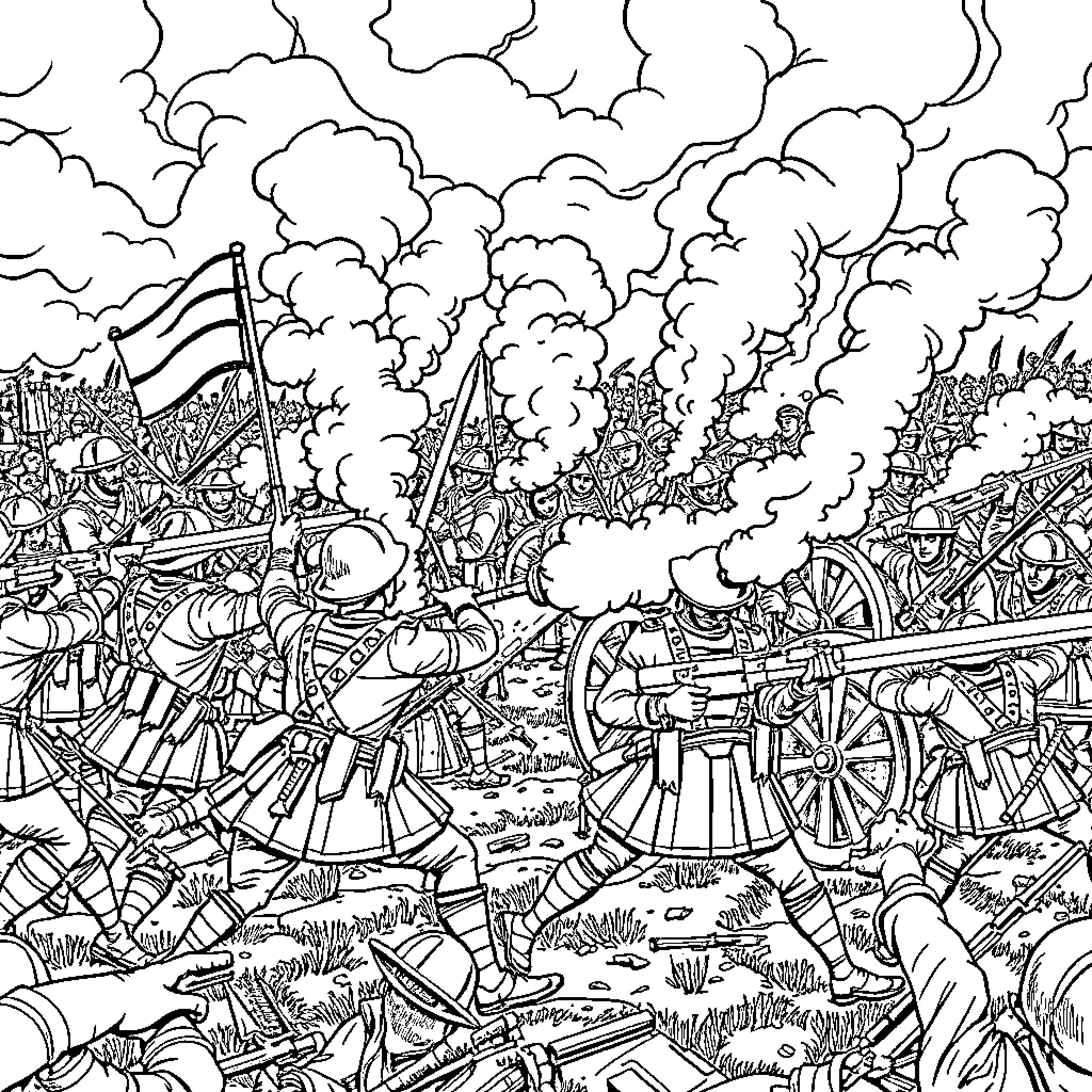 Battle of Waterloo: Soldiers in action amidst smoke and chaos Coloring Page (free black-and-white line drawing printable PDF for all, from beginners to advanced learners, including children, teens, adults, and seniors)