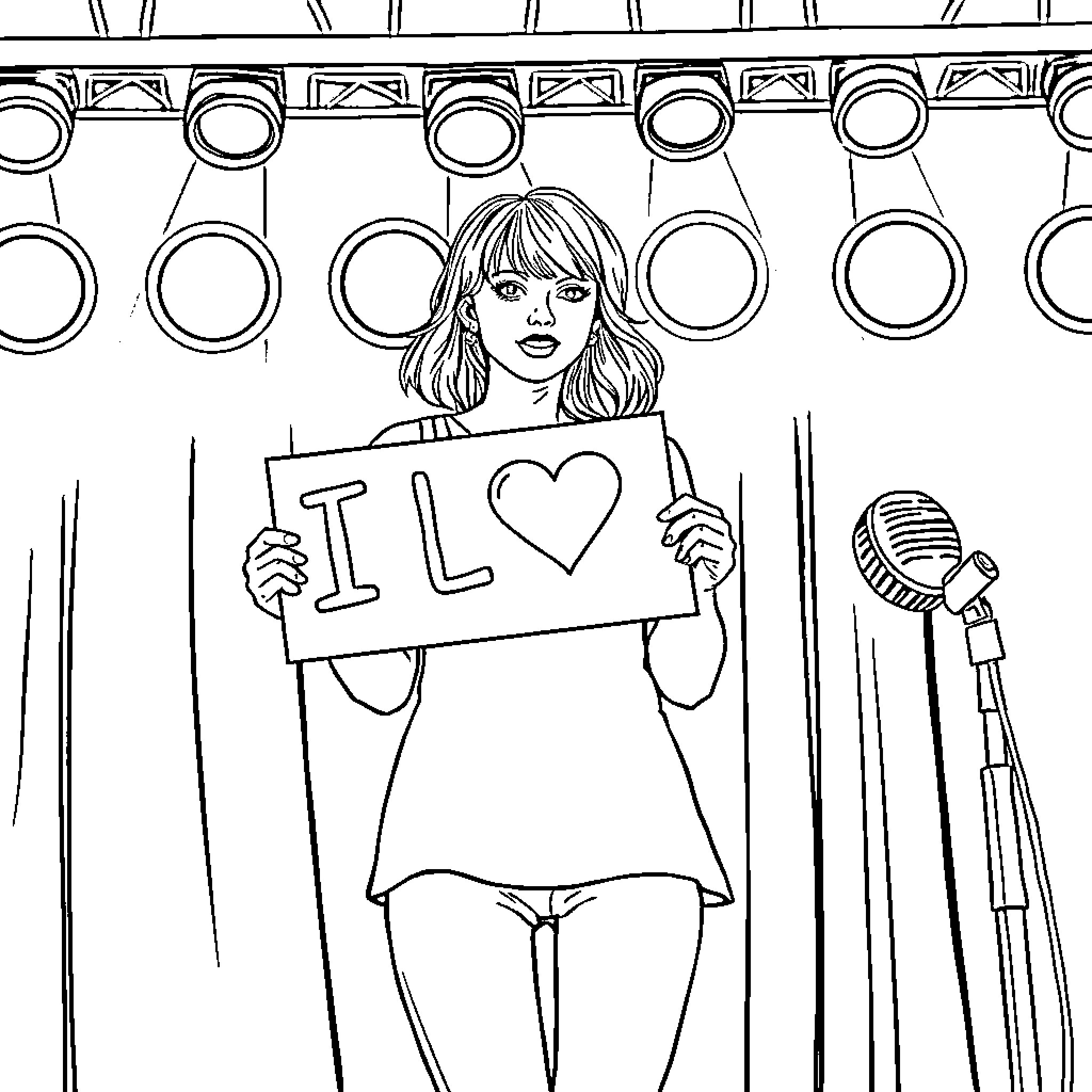 Taylor Swift holding 'I Love' sign on stage Coloring Page (free black-and-white line drawing printable PDF for all, from beginners to advanced learners, including children, teens, adults, and seniors)
