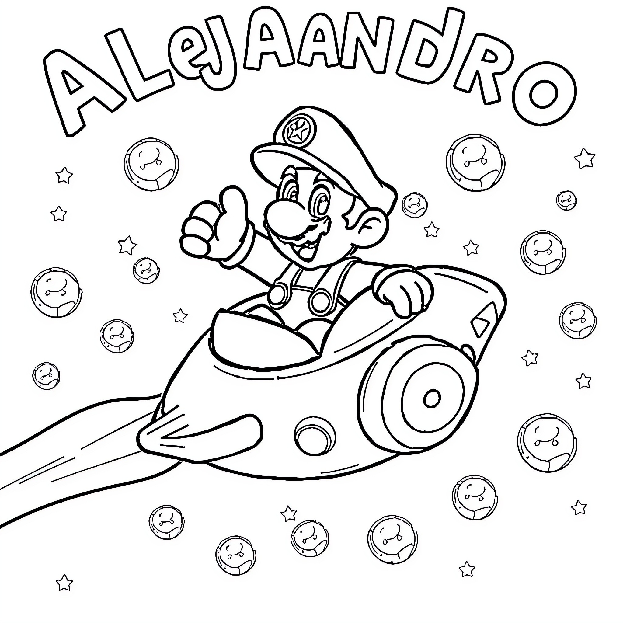 Mario driving a vehicle with stars and bubbles Coloring Page (free black-and-white line drawing printable PDF for all, from beginners to advanced learners, including children, teens, adults, and seniors)