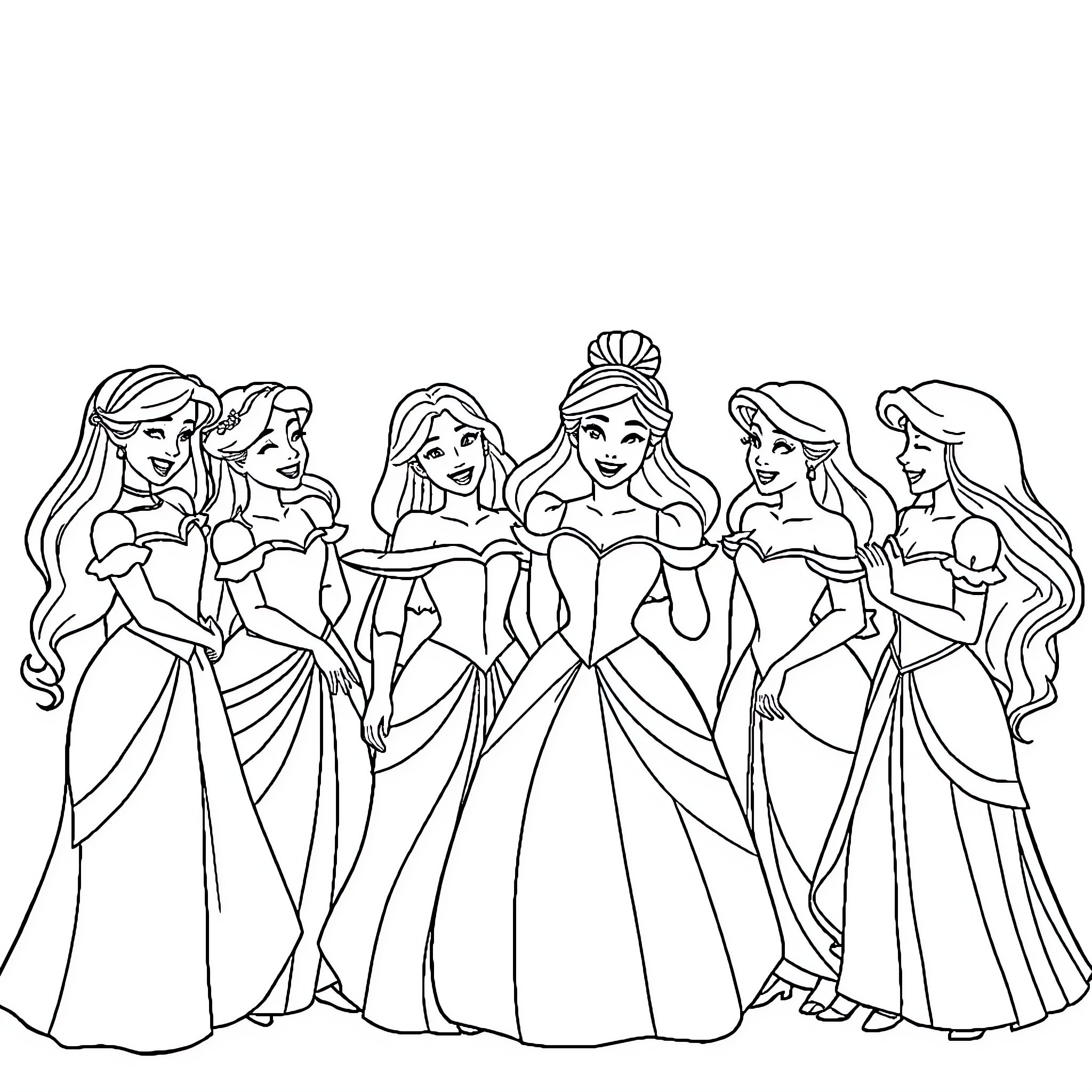 Disney Princesses in Elegant Formal Attire Coloring Page (free black-and-white line drawing printable PDF for all, from beginners to advanced learners, including children, teens, adults, and seniors)