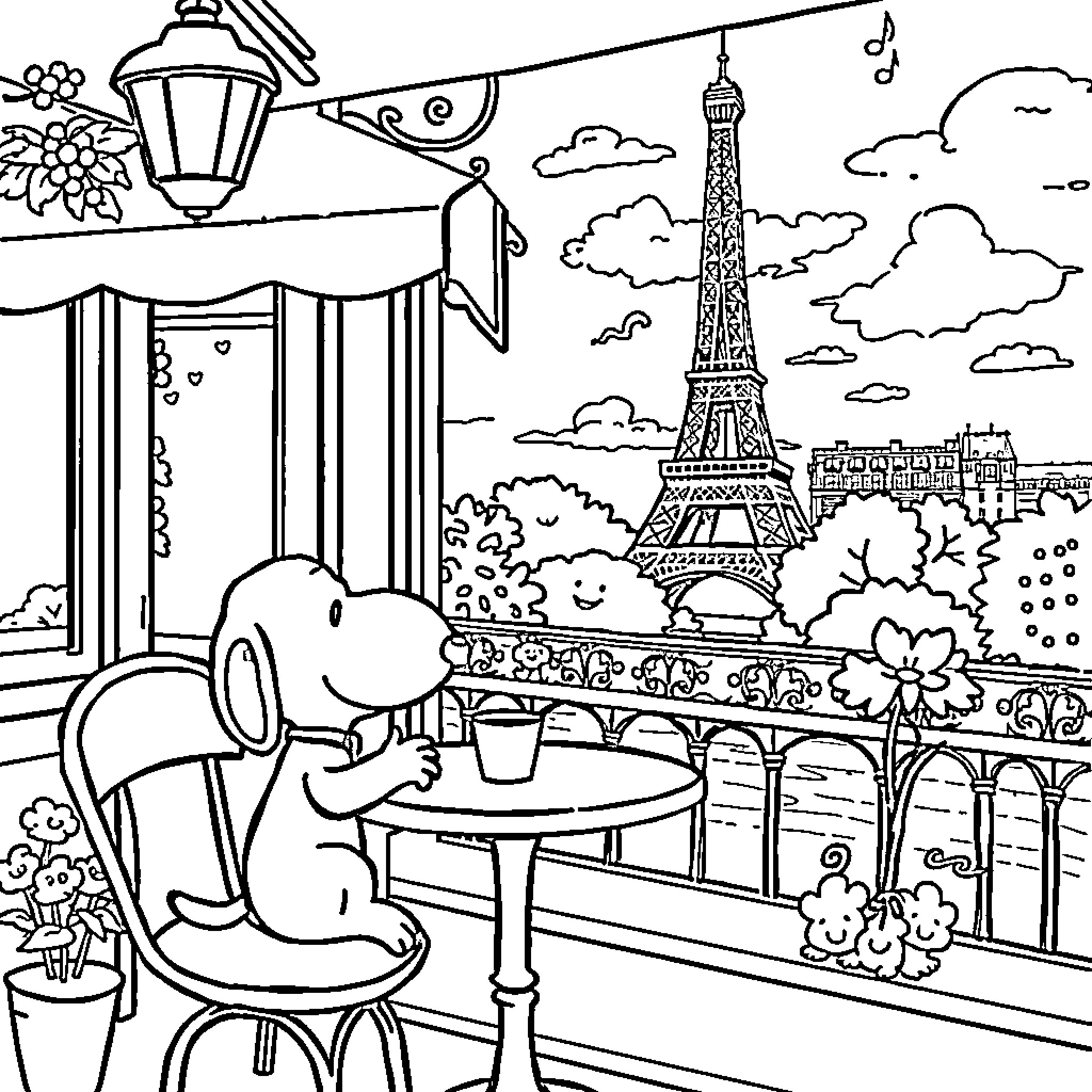Snoopy Enjoying a Parisian Cafe View Coloring Page (free black-and-white line drawing printable PDF for all, from beginners to advanced learners, including children, teens, adults, and seniors)