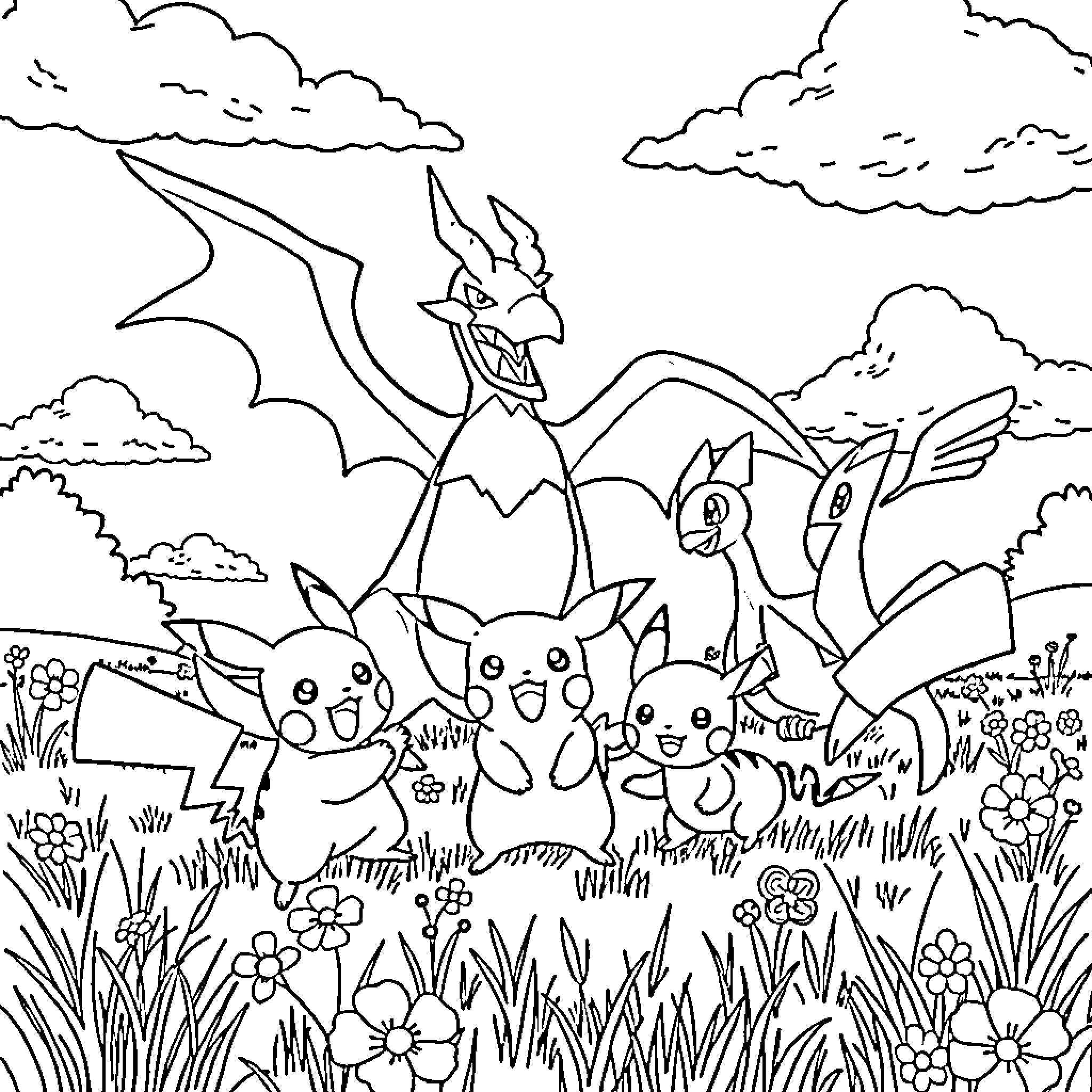 Pikachu and Pokemon friends in a whimsical meadow Coloring Page (free black-and-white line drawing printable PDF for all, from beginners to advanced learners, including children, teens, adults, and seniors)