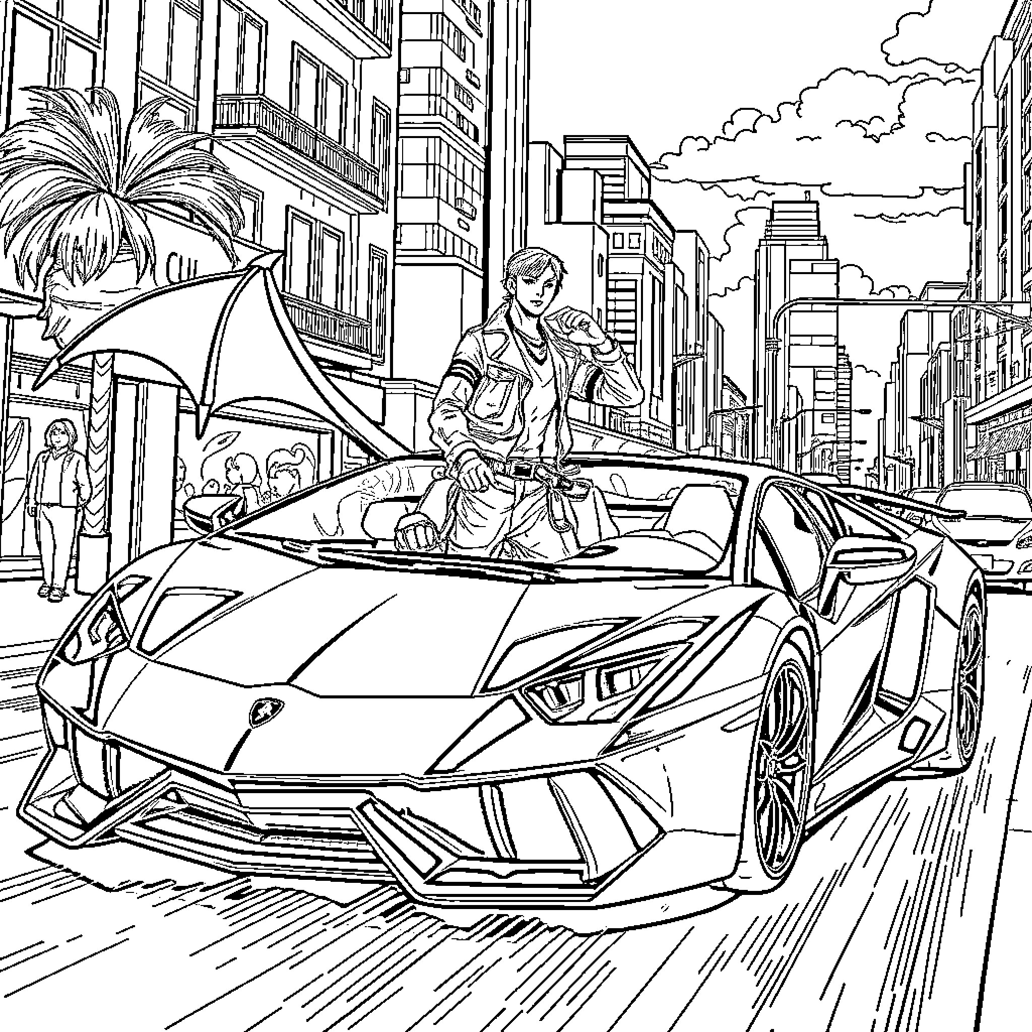 Demon Hunter speeds through the city streets Coloring Page (free black-and-white line drawing printable PDF for all, from beginners to advanced learners, including children, teens, adults, and seniors)