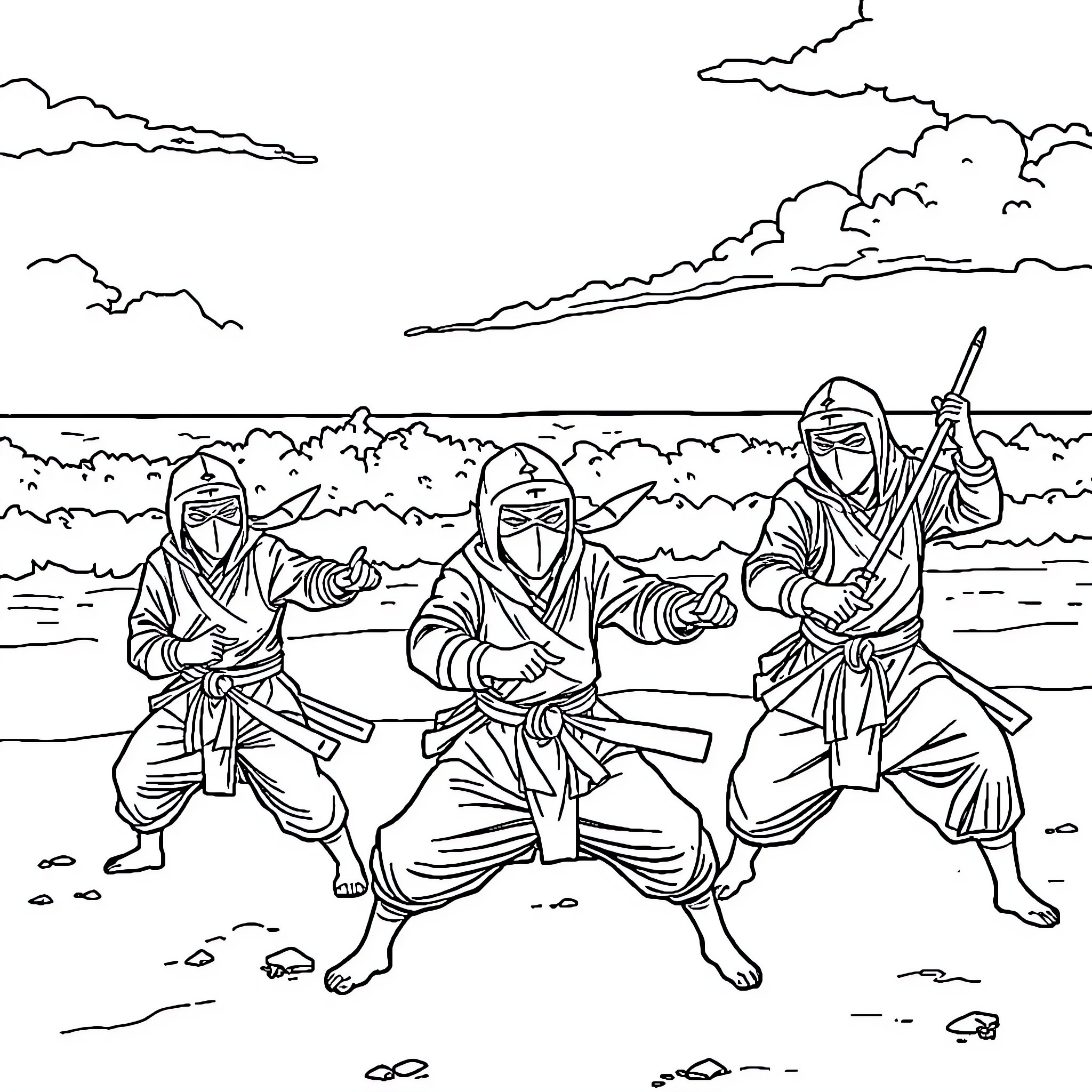Ninja warriors performing martial arts on the beach Coloring Page (free black-and-white line drawing printable PDF for all, from beginners to advanced learners, including children, teens, adults, and seniors)