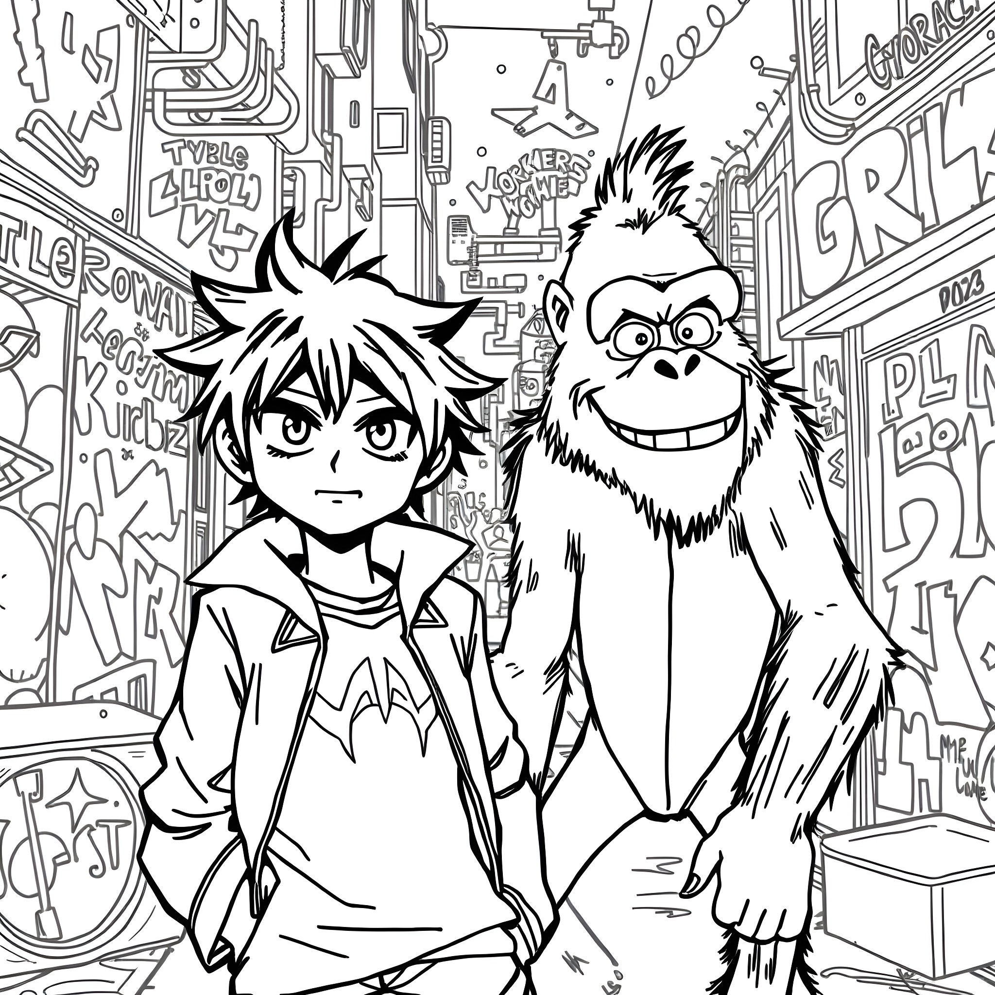 Izuku Midoriya and his Mysterious Companion in the Graffiti-Filled City Coloring Page (free black-and-white line drawing printable PDF for all, from beginners to advanced learners, including children, teens, adults, and seniors)