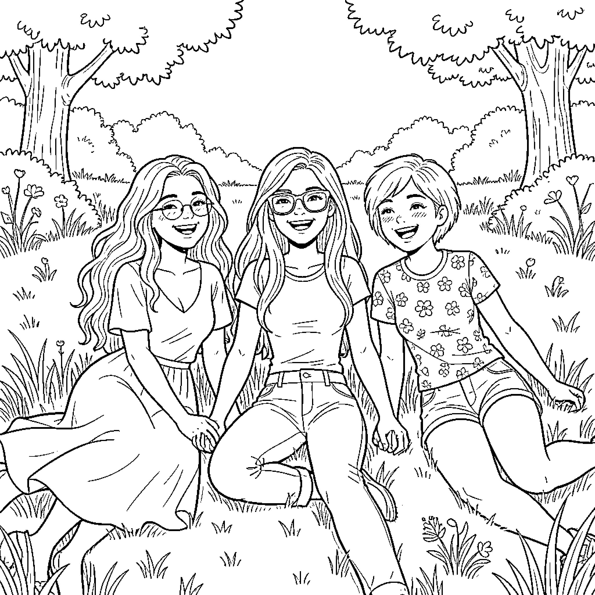 Filles enjoying a sunny day in nature Coloring Page (free black-and-white line drawing printable PDF for all, from beginners to advanced learners, including children, teens, adults, and seniors)