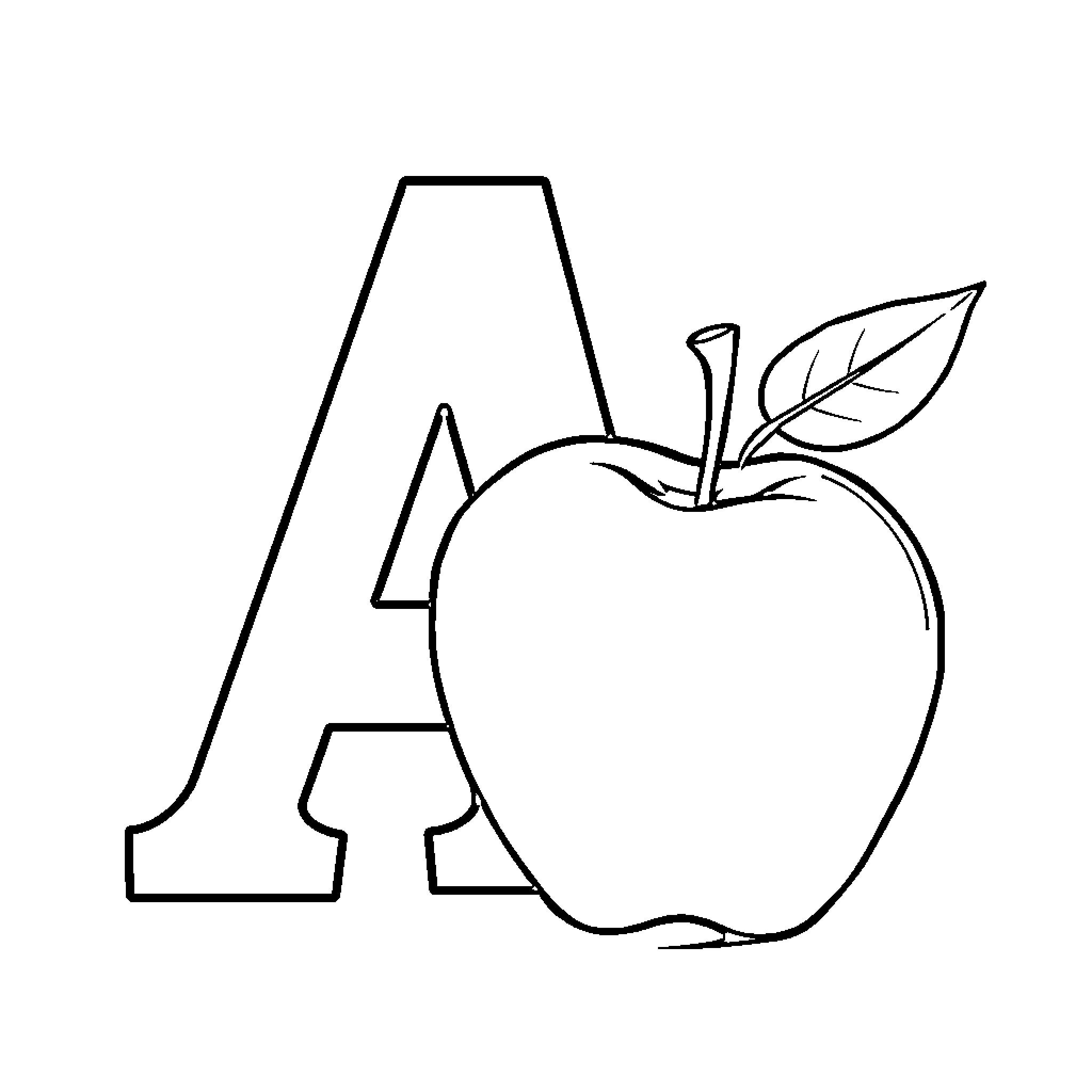 Apple-shaped letter A with leaf Coloring Page (free black-and-white line drawing printable PDF for all, from beginners to advanced learners, including children, teens, adults, and seniors)