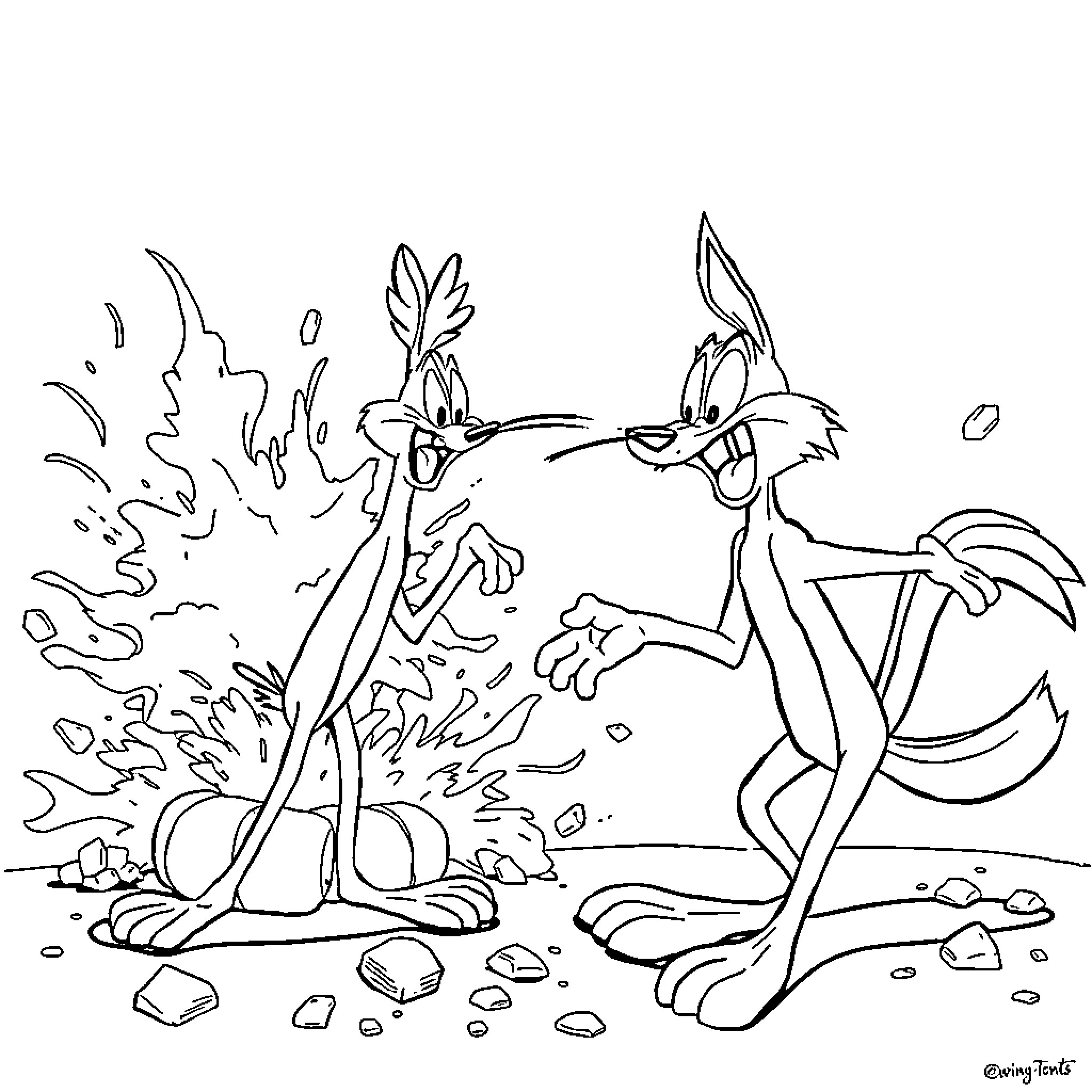 Road Runner chasing Wile E. Coyote in a comical scene Coloring Page (free black-and-white line drawing printable PDF for all, from beginners to advanced learners, including children, teens, adults, and seniors)