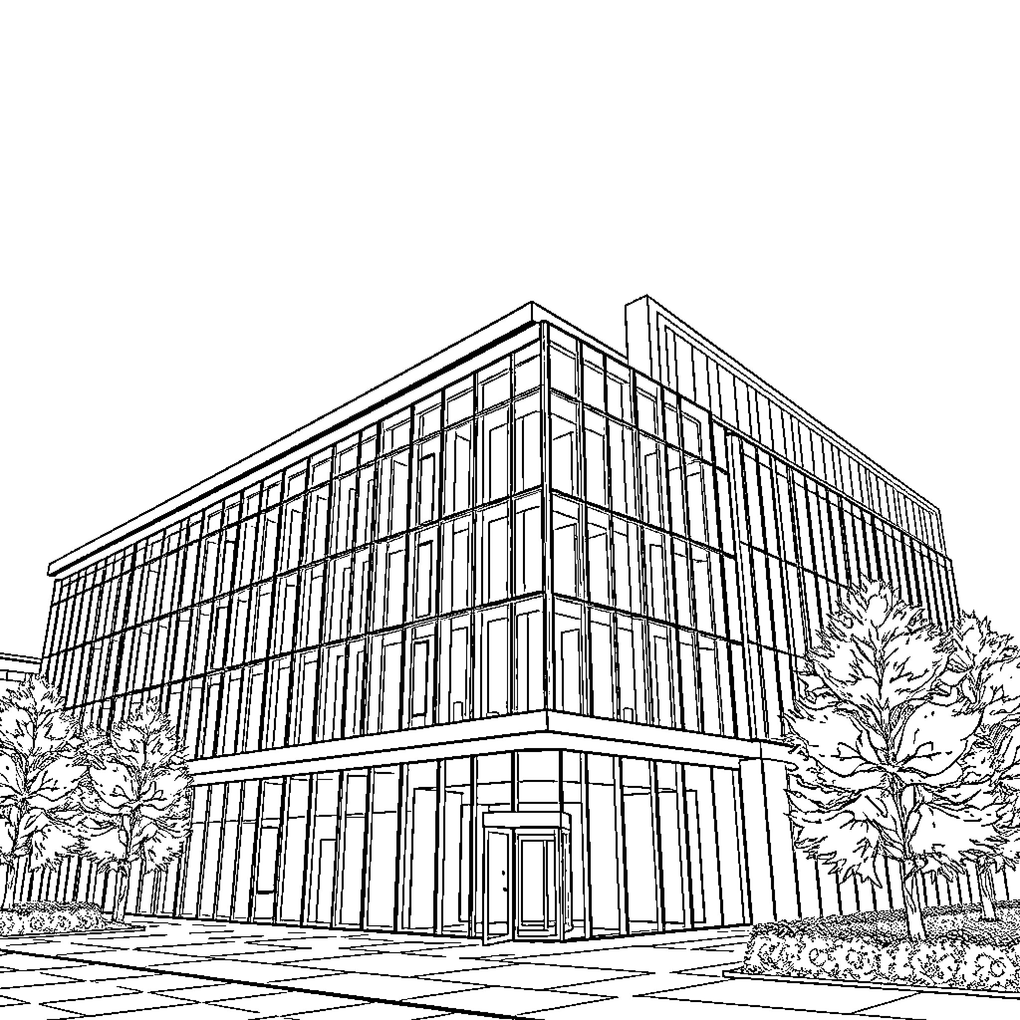 Architecture of a modern glass and steel building Coloring Page (free black-and-white line drawing printable PDF for all, from beginners to advanced learners, including children, teens, adults, and seniors)