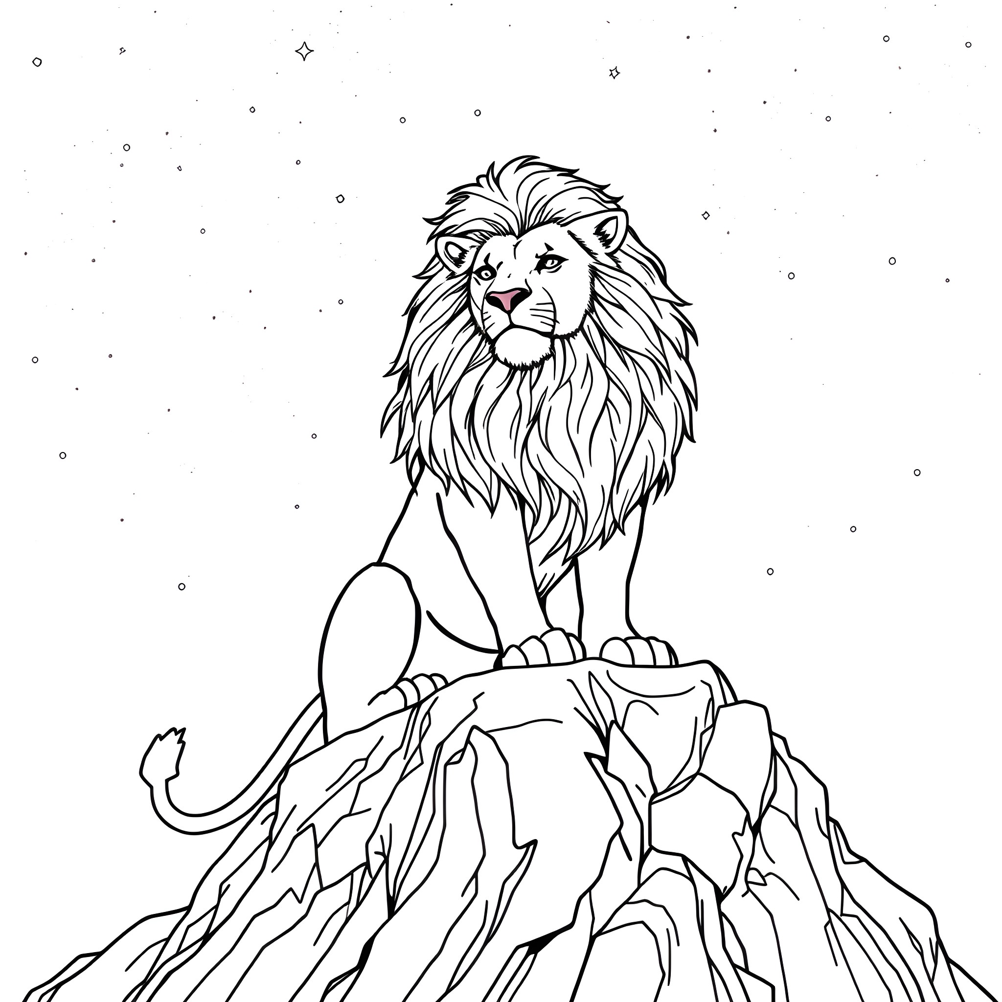 Lion on a rocky mountain against starry sky Coloring Page (free black-and-white line drawing printable PDF for all, from beginners to advanced learners, including children, teens, adults, and seniors)