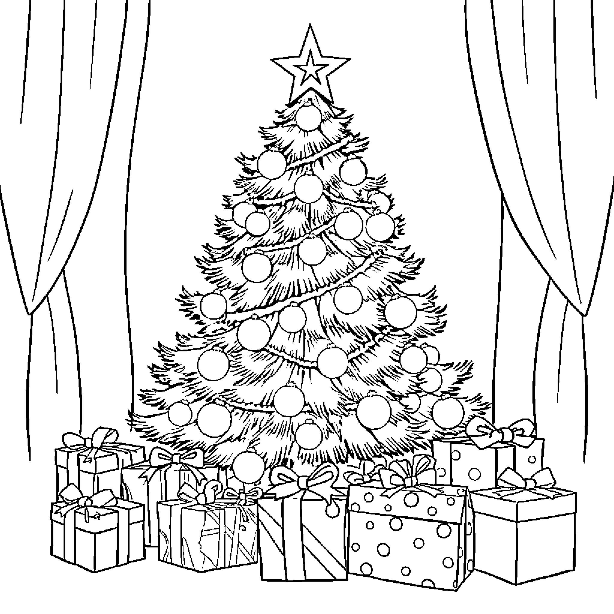 Christmas Tree with Decorated Ornaments and Presents Coloring Page (free black-and-white line drawing printable PDF for all, from beginners to advanced learners, including children, teens, adults, and seniors)