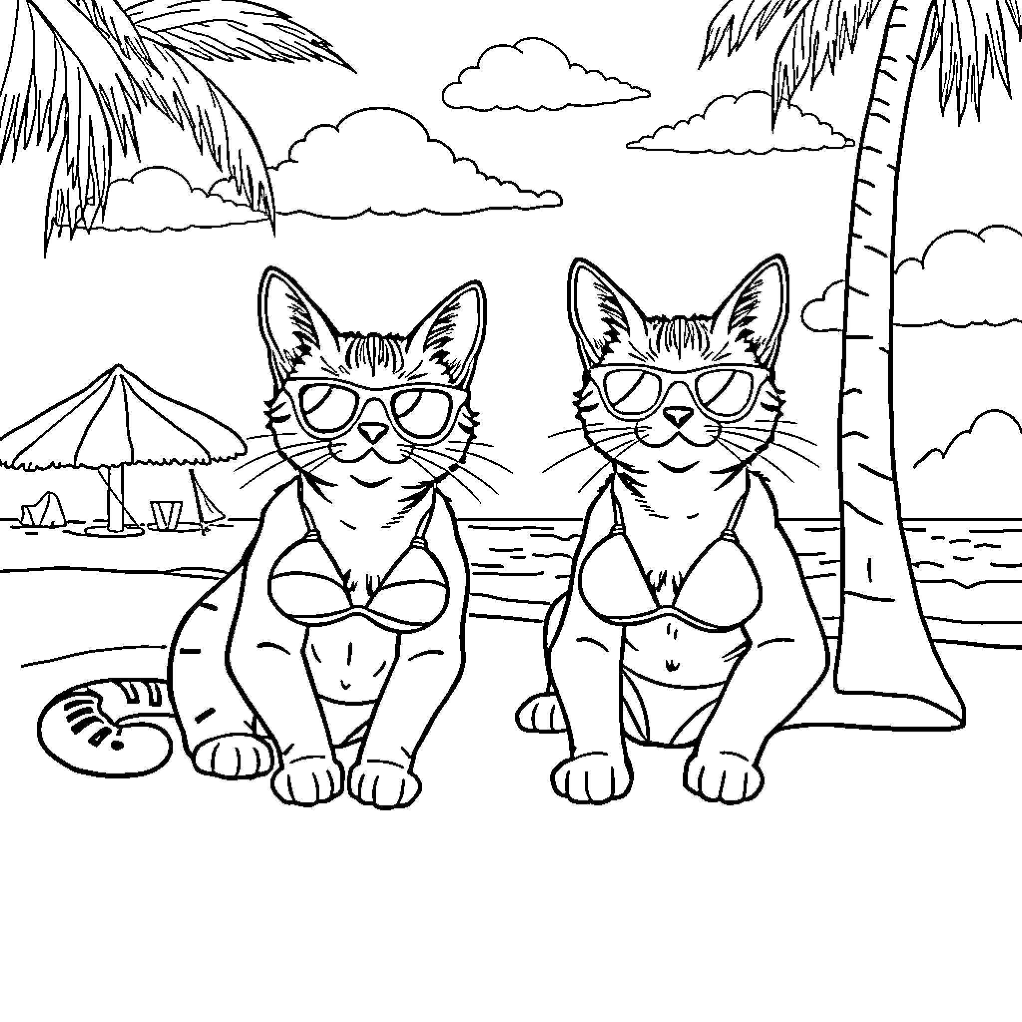 Cats in Sunglasses Relaxing on the Beach Coloring Page (free black-and-white line drawing printable PDF for all, from beginners to advanced learners, including children, teens, adults, and seniors)
