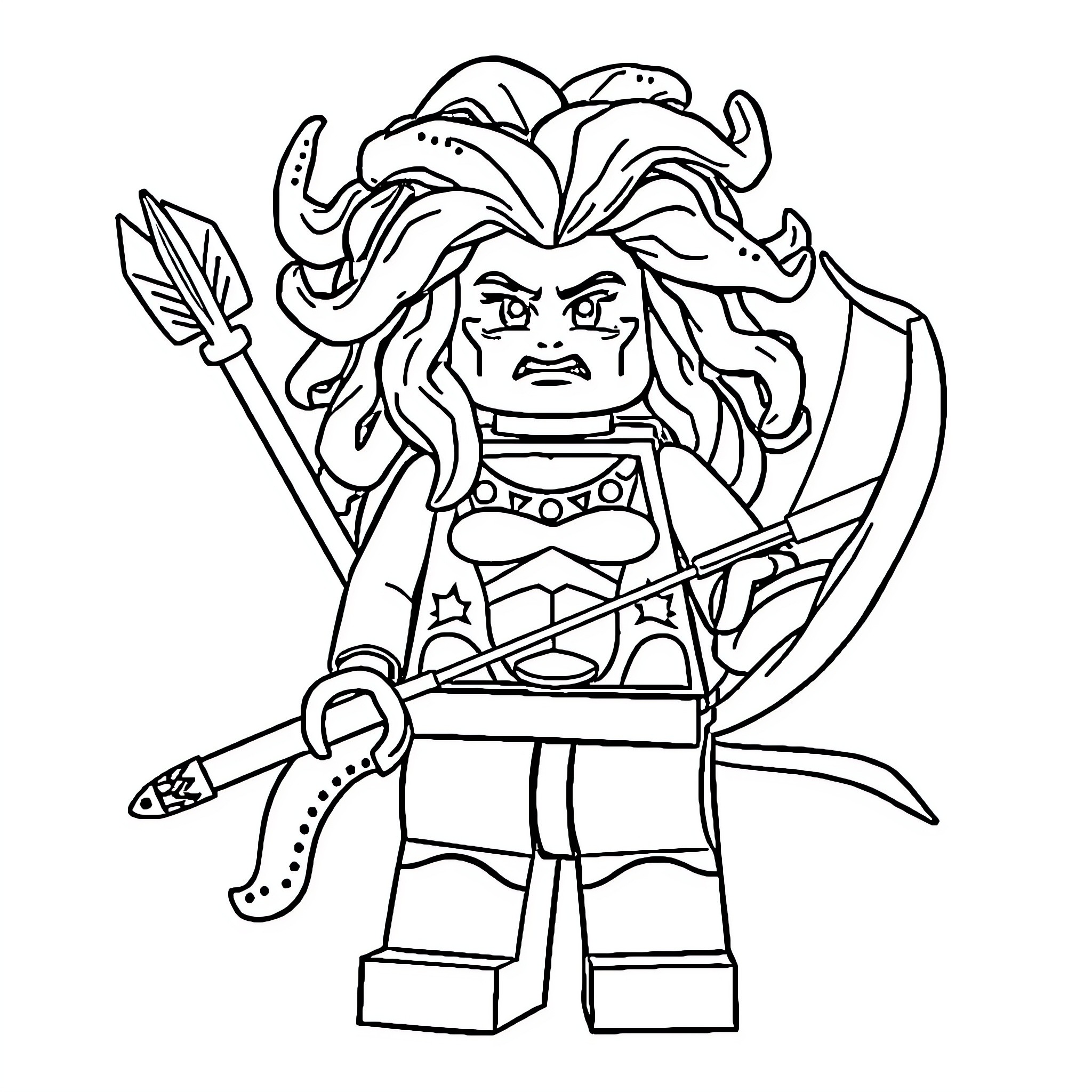 Medusa Warrior Brandishing Sword and Shield Coloring Page (free black-and-white line drawing printable PDF for all, from beginners to advanced learners, including children, teens, adults, and seniors)